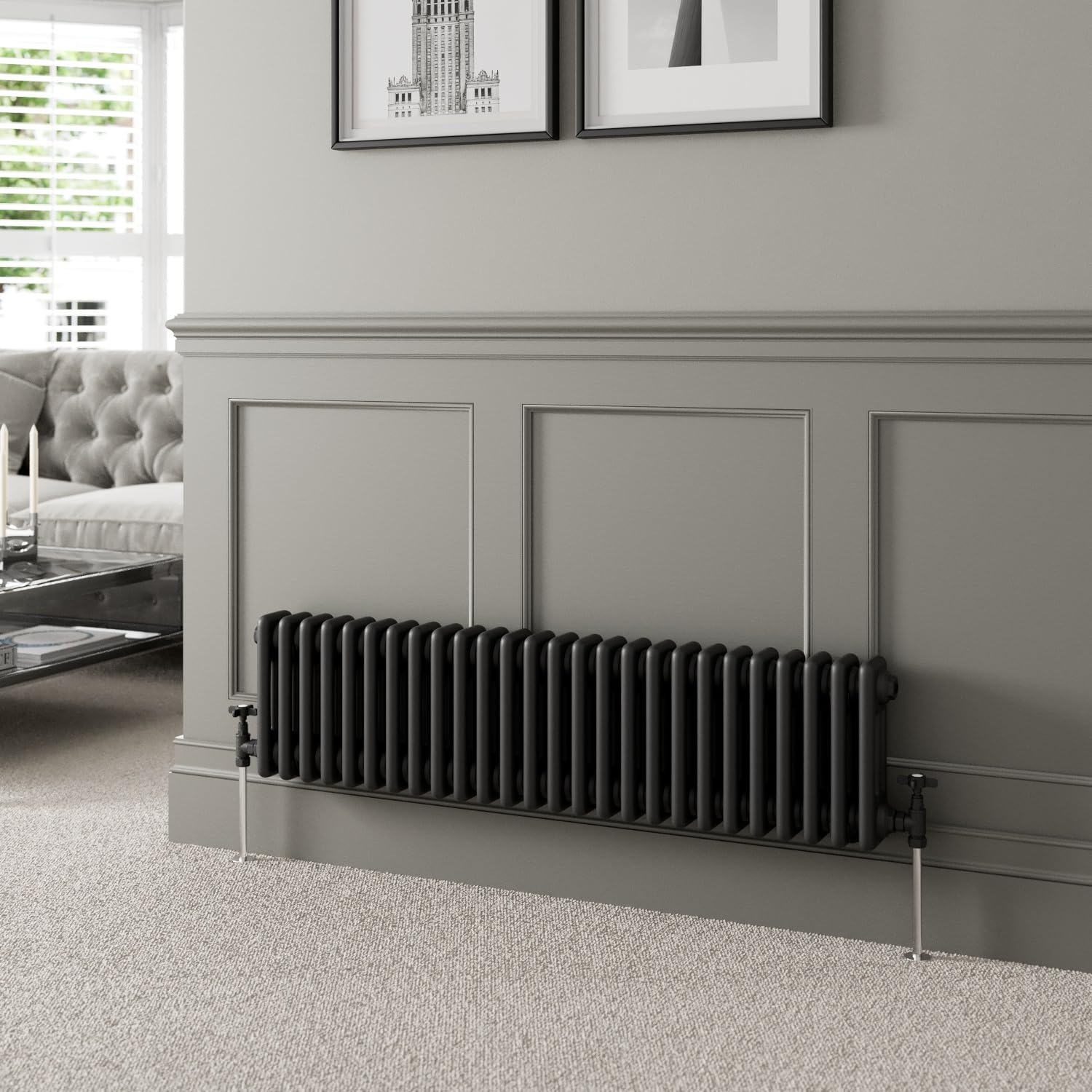 DuraTherm® 300 x 1190mm Black Traditional Horizontal Designer Radiator Triple Column Colosseum Cast Iron Style Central Heating Panel Radiators Rad