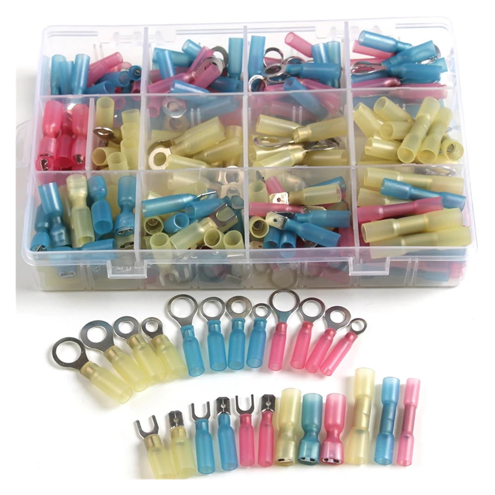 240Pcs Assorted Insulated Terminals Fork Ring Spade Waterproof Wire Solder Crimp Terminals Electrical Heat Shrink Butt Connector