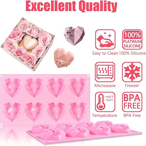 Miniatura 3 de Moldes de silicona en forma de corazón de diamante, paquete de 2 para 8 cavidades, molde de chocolate en forma de corazón, para hornear, bombas de