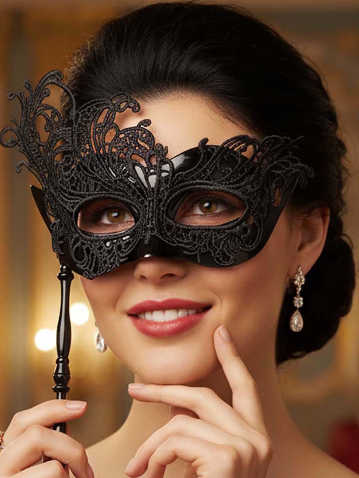 Photo 1 of Yokawe Masquerade Mask with Black Lace and Handheld Stick, Venetian Style (Phoenix)