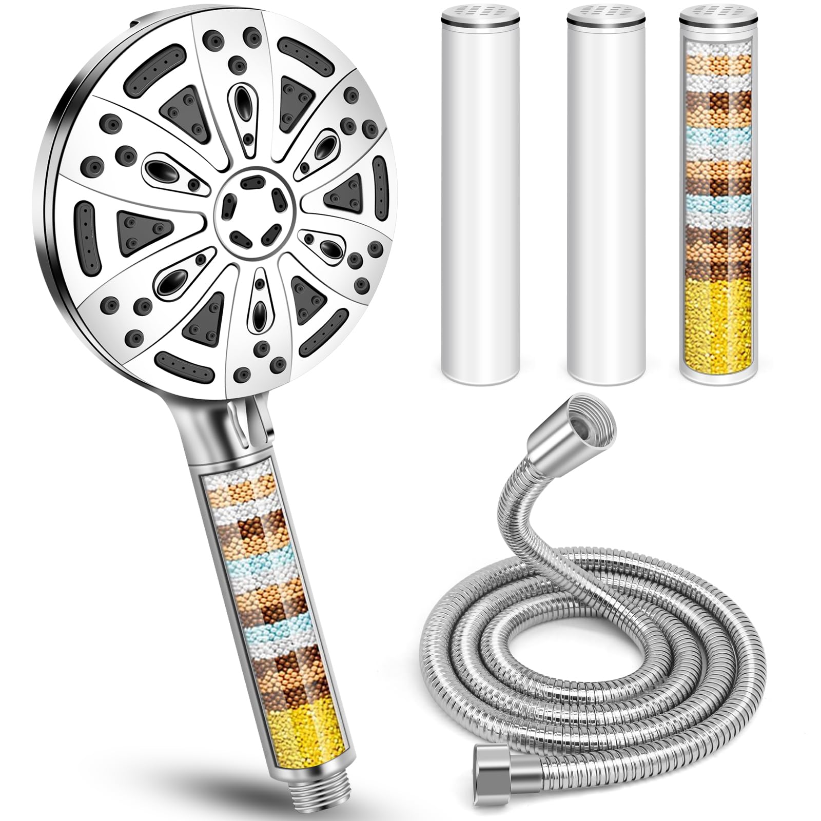 Soffione Doccia con Filtro a 15 Fasi, Doccino per Doccia con Tubo da 1,5M, 8+2 Modalità di Spruzzo Soffione Doccia Alta Pressione Risparmio Idrico, Soffione Doccia Anticalcare(Argento con tubo)