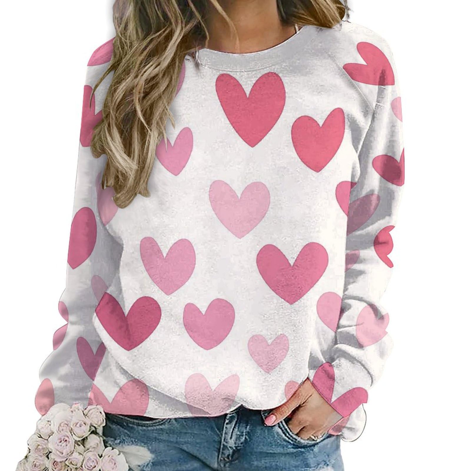 - Women's Heart Print Oversized Crewneck Sweatshirts Casual Plus Size Comfy Long Sleeve Pullover Tops