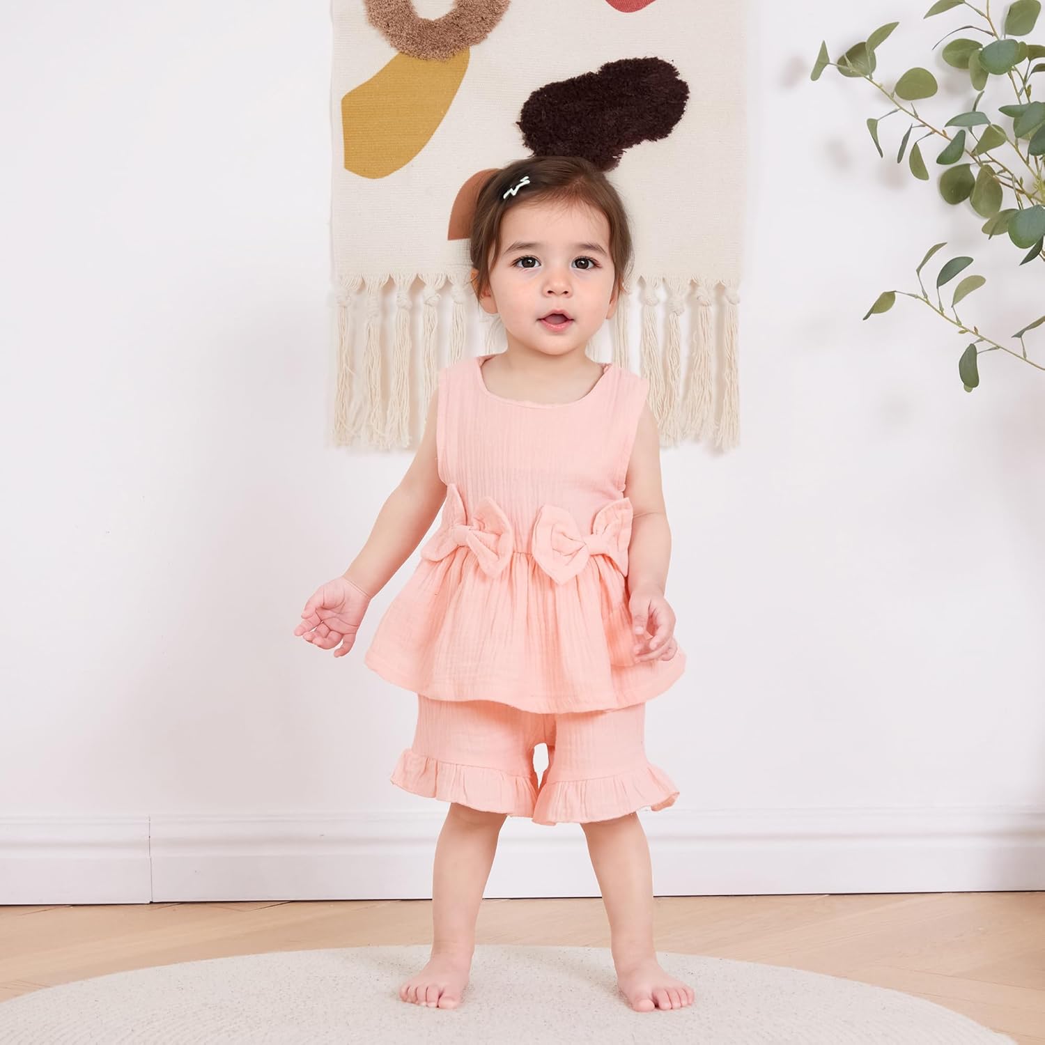 Toddler Girl Summer Outfits Solid Linen Outfit Two Bows Front Ruffle Tank Tops Shirts Shorts Cute Baby Girl Clothes - Image 2