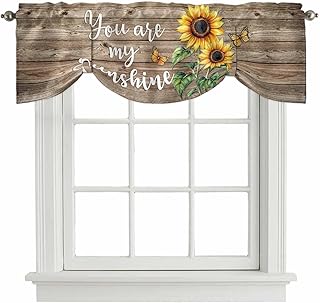 Sunflower Tie Up Valance for Windows, You are My Sun Shine Vintage Brown Wood Board Adjustable Rod Pocket Tie Up Valance Curtains Window Treatment for Kitchen Bathroom Bedroom 42 X 18 Inch