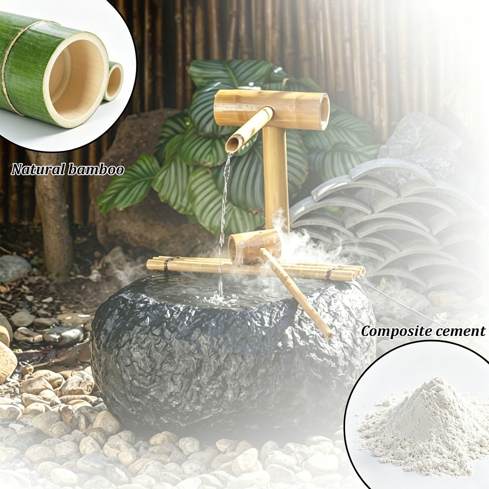 Fuente de Agua Solar para Exteriores con diseño de Roca y bambú: decoración de Cascada para jardín, Patio, terraza y hogar