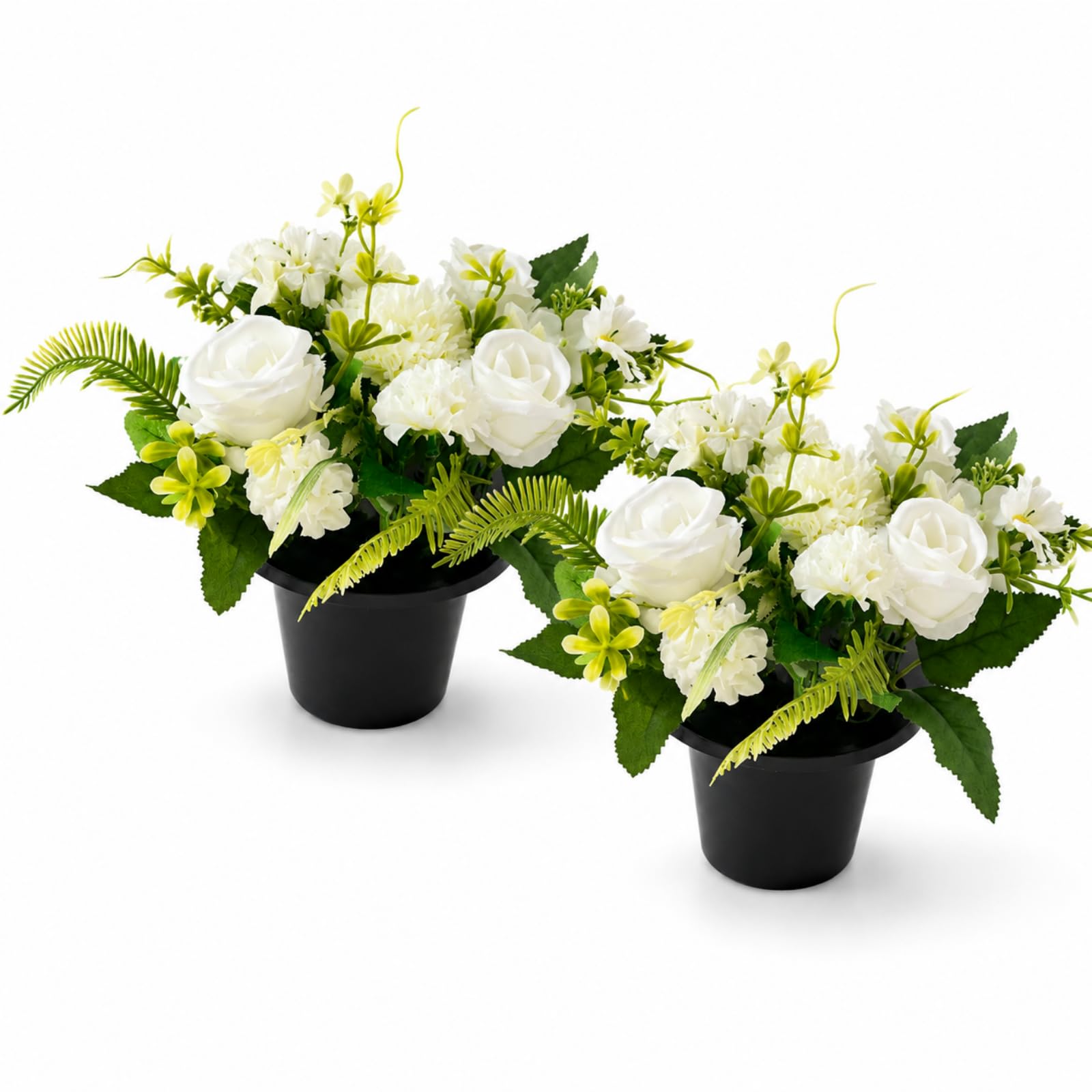 CECOMBINE 2 PCS Artificial Flowers for Graves, Rose Cemetery Flower Pots, Memorial Flowers for Graves, Weatherproof Funeral Arrangements, Outdoor Graveside Decorations for Remembrance