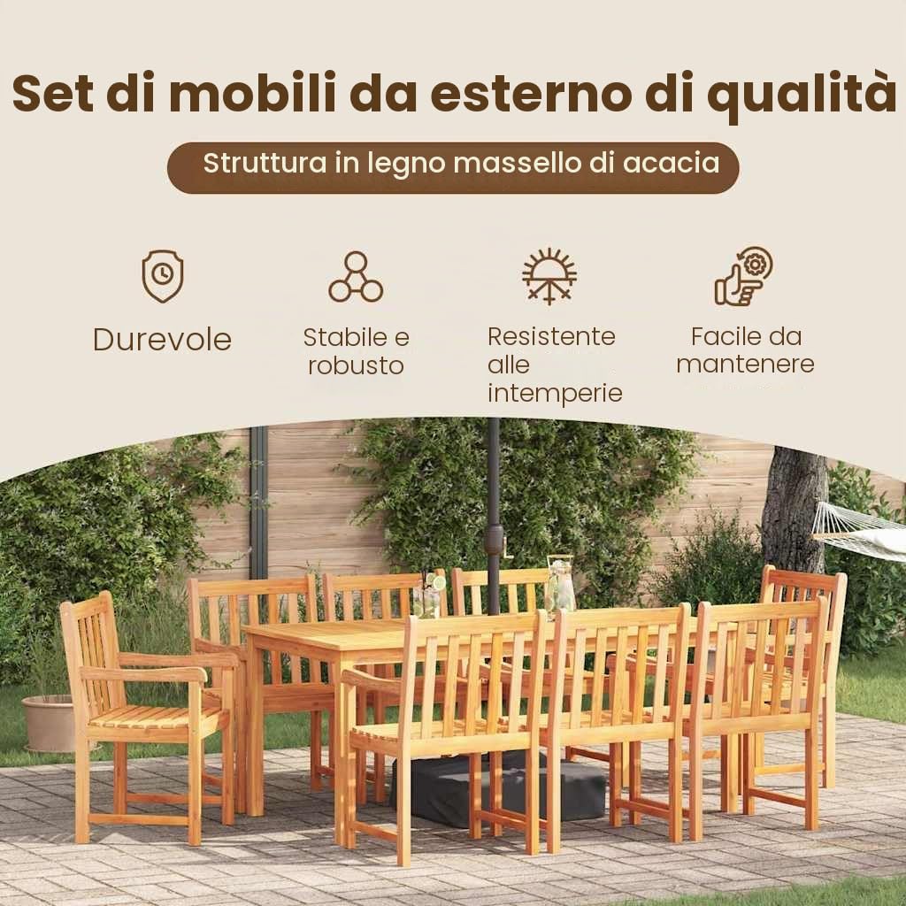 vidaXL Set da Pranzo per Giardino 9 pcs Marrone, Set da esterno in acacia, arredo giardino rustico, tavolo e sedie per terrazzo e feste in giardino