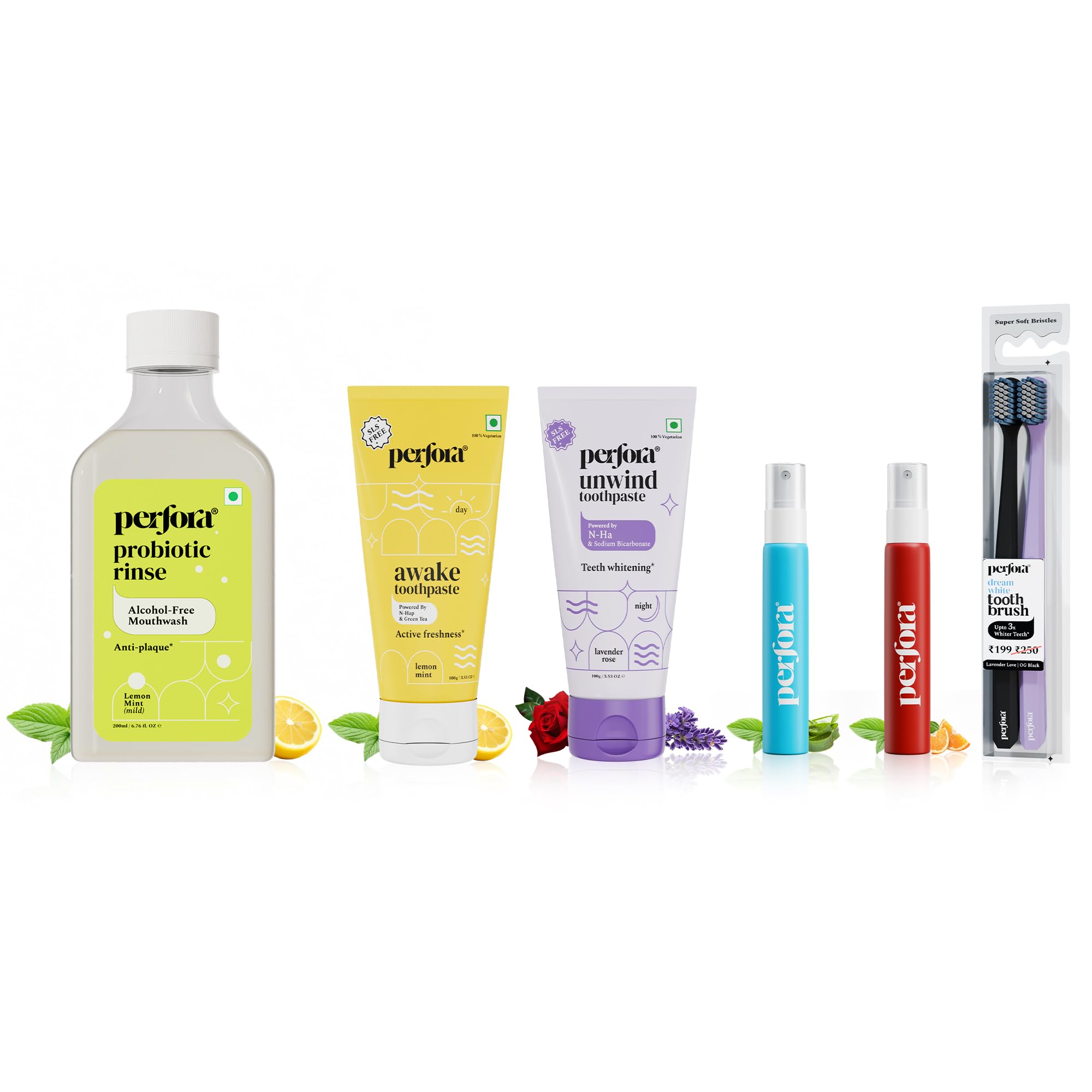 Perfora Oral Care Essentials Pack: Lemon Mint Awake & Lavender Rose Unwind Toothpaste, Alcohol Free Mouthwash, Sweet Candied Orange & Ultra Mint Mouth Spray with Pack of 2 Toothbrushes-picture-17
