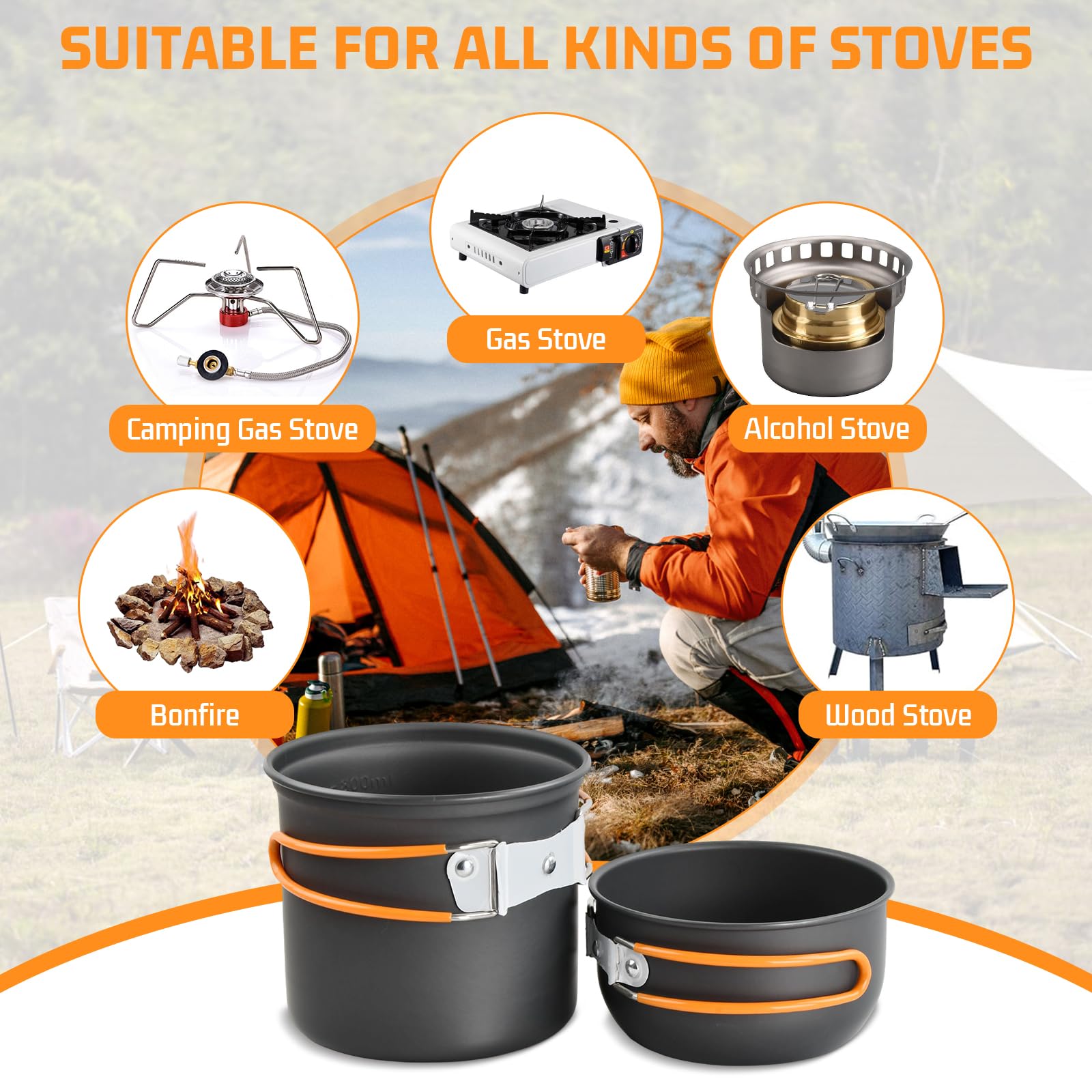 Kit De Popote Camping 15 Pièces – Casserole, Poêle, Réchaud, Pour 1-2 Personnes, Léger Et Compact