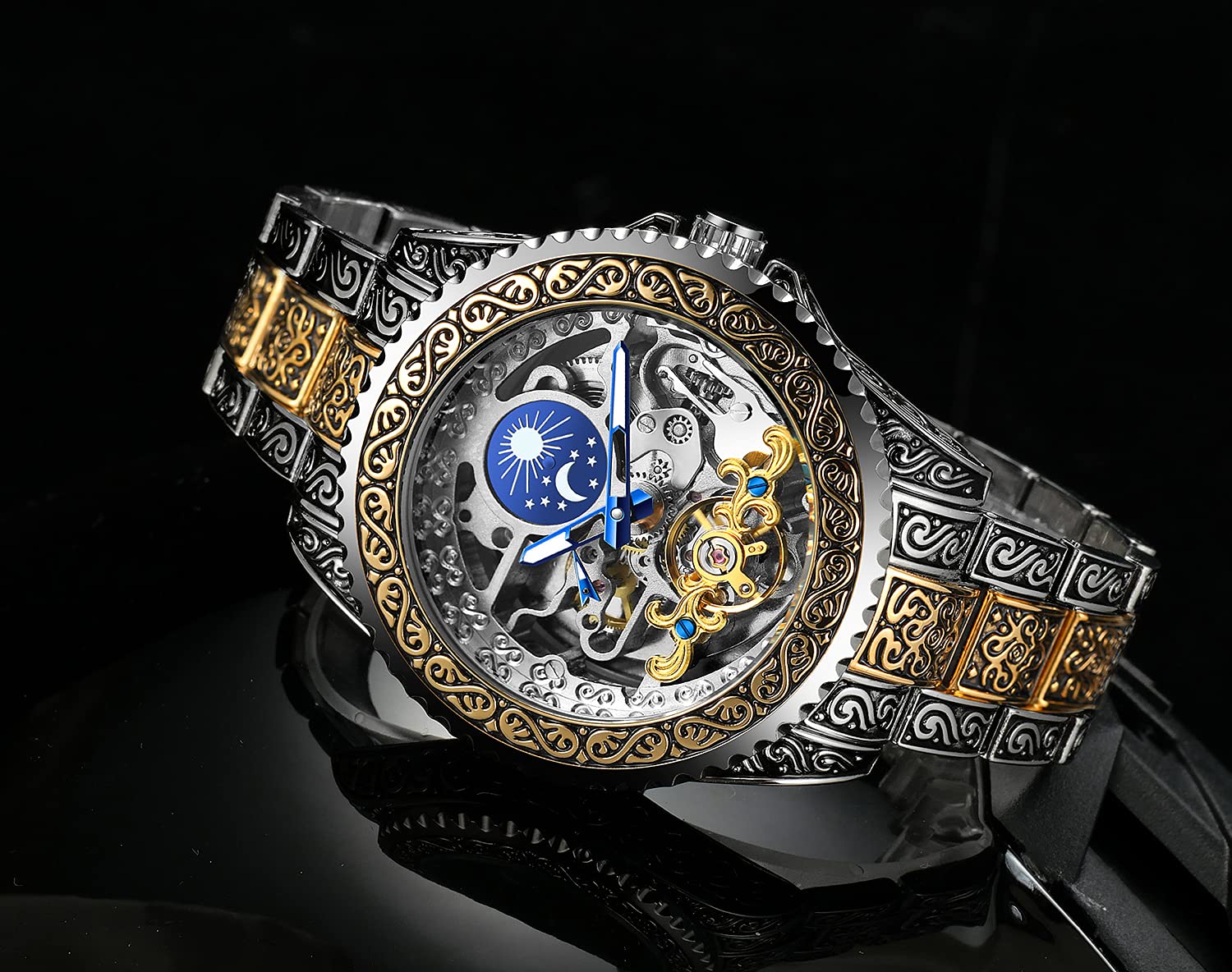 Orologio da polso automatico meccanico da uomo, scheletrato, con incisioni, stile vintage casual, cinturino in acciaio, lancette luminose