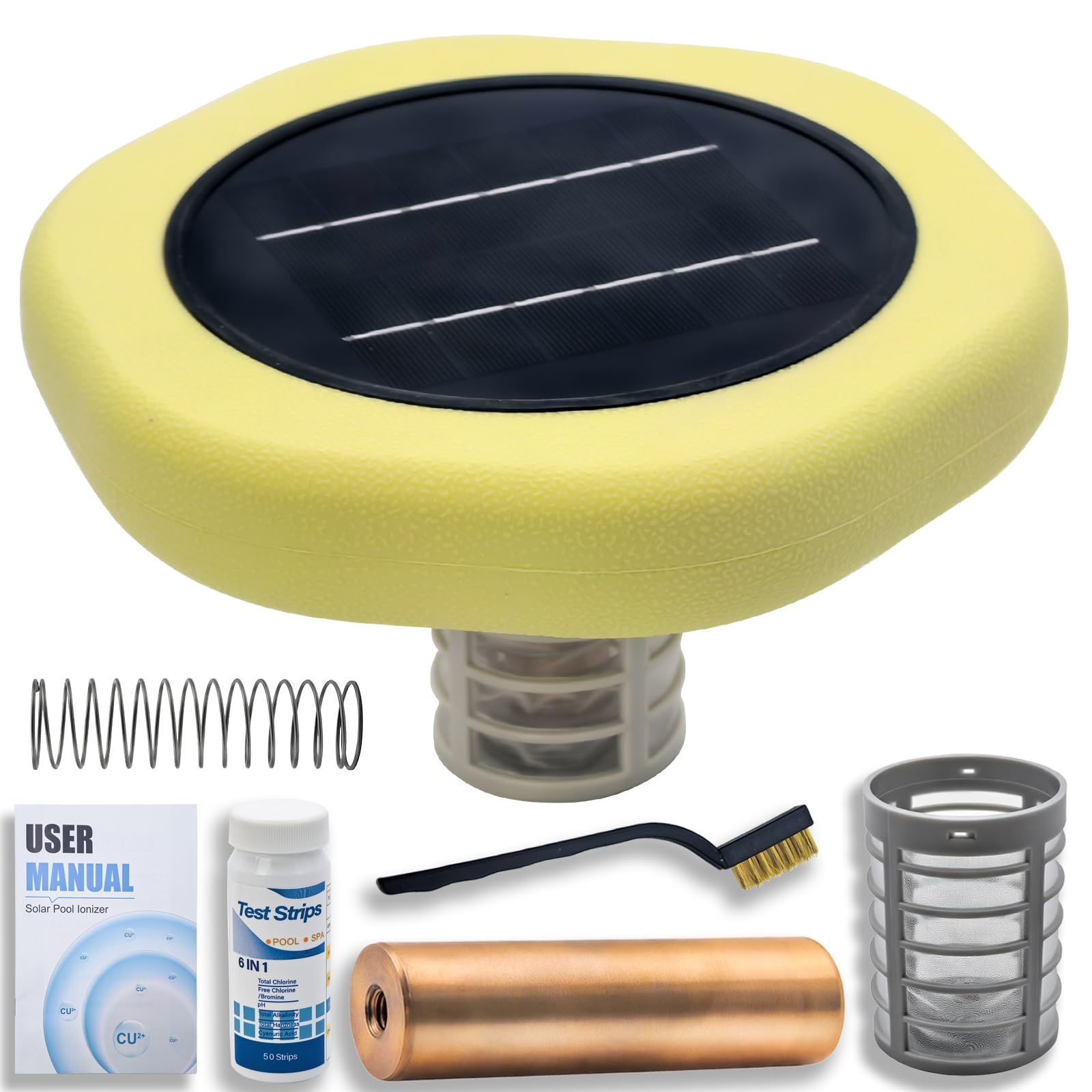 Accesorio de mantenimiento de piscina flotante alimentado por energía solar con ánodo de cobre reemplazable, flotador duradero para piscinas sobre el suelo, enterradas y de agua salada, kit completo