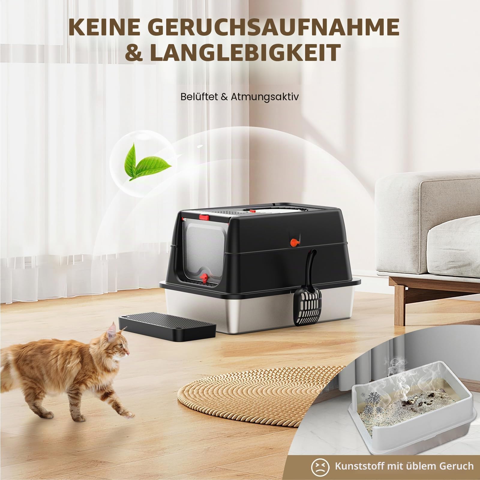 Edelstahl Katzenklo XXL aus V2A – 62 cm Geschlossene Katzentoilette mit 160° Klappdeckel, 3-in-1 Design für Stehpinkler & große Katzen, hoher Rand auslaufsicher, inkl. Schaufel und Trittstufe