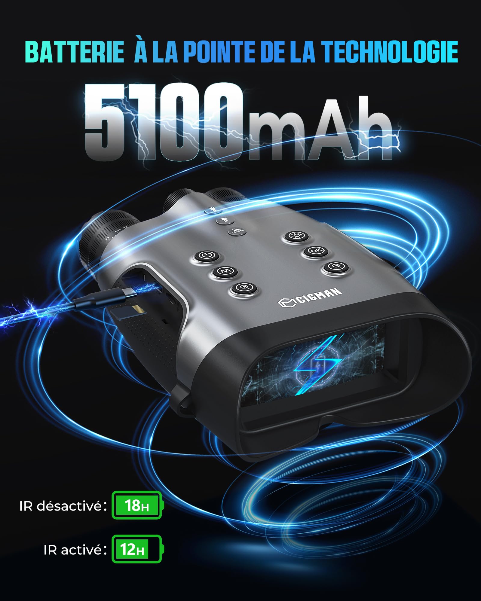 Lunettes de Vision Nocturne CNVPRO 4K, portée 1000 m, Ouverture f/0,8, écran 4", contrôle Wi-FI, Lunette de Vision Nocturne IP54 étanche avec Lampe Torche, Boutons rétroéclairés et Stockage 64 Go