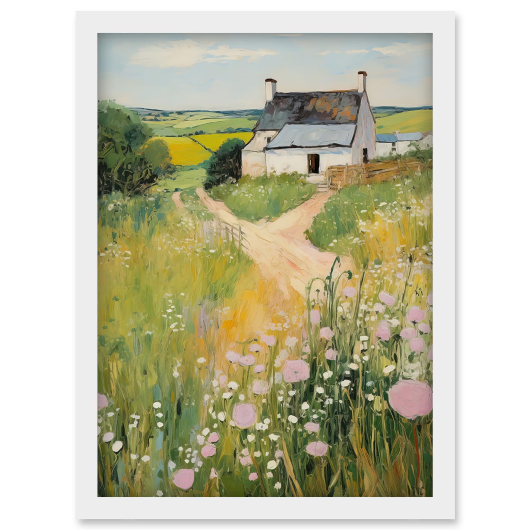 A4 Framed Oil Painting Print - Country Farmhouse Cottage Scene - Traditional Landscape Artwork - Meadows Countryside Summer