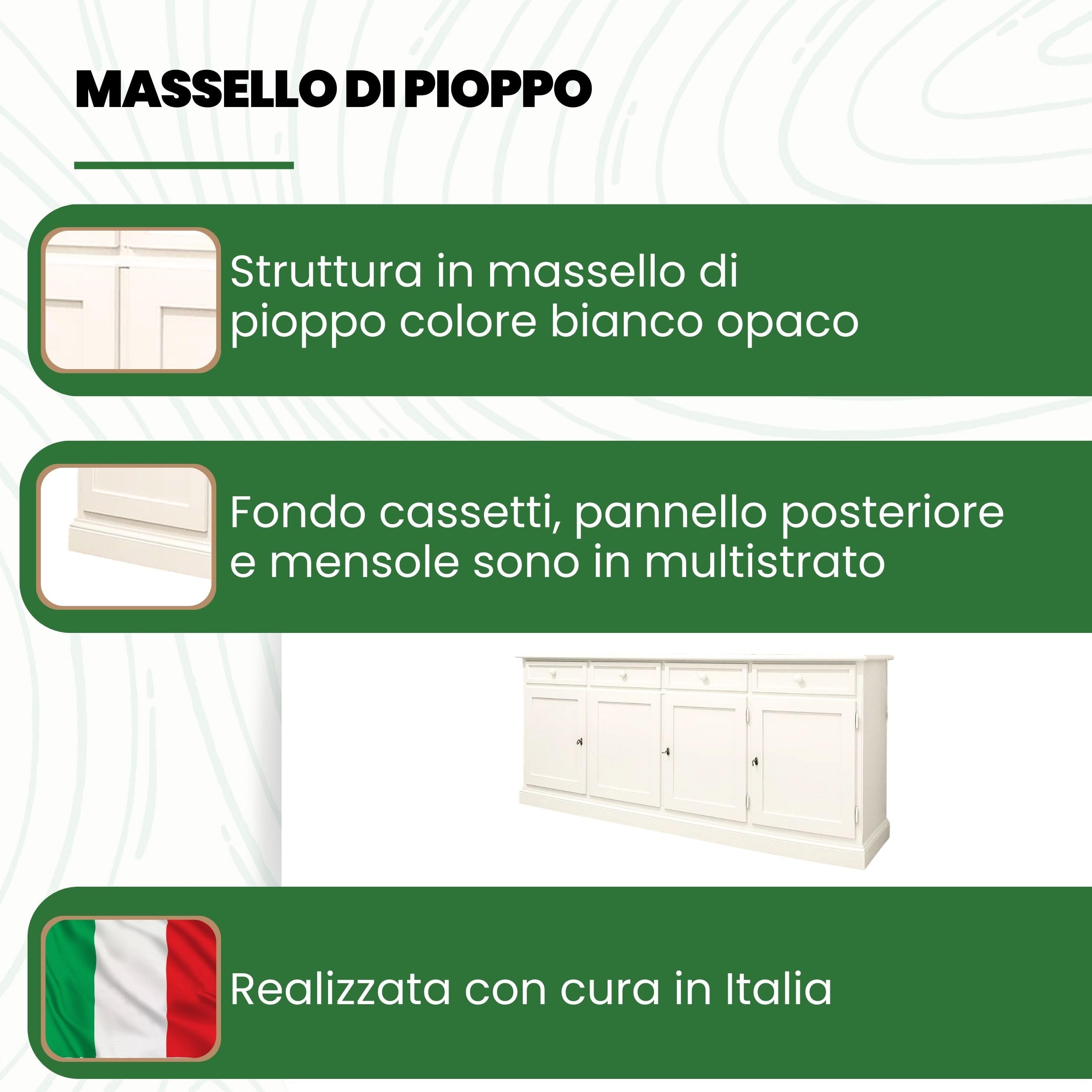 Mar.c.a. Design - Credenza Arte Povera in Legno 205x42x86 cm con 4 Ante e 4 Cassetti - Madia Legno Made in Italy