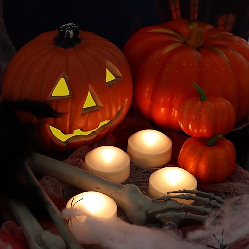 Miniatura 5 de Magiq Paquete de 6 luces LED de calabaza de Halloween con control remoto y temporizador, color blanco, parpadeante, funciona con pilas, velas