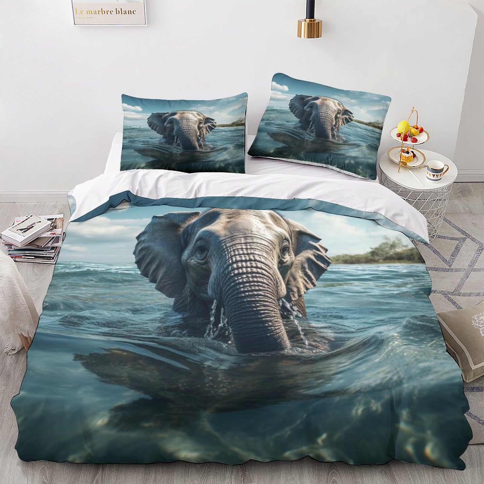 GEEYOU Elephant Breathable Bedding Set Hidden Zipper African Elephant Duvet Cover Set with Pillowcases Quilt Cover Set Soft Microfiber Comforter Cover for Various Sizes Beds Double（200x200cm）