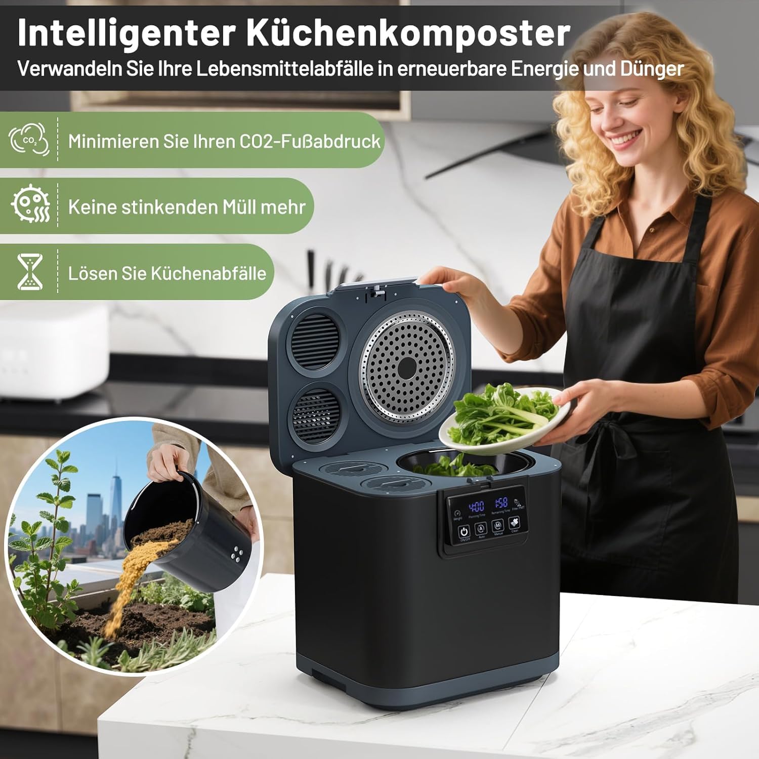 RELAX4LIFE Elektrischer Komposter, 4L Küchenkomposter mit Deckel & 2 Aktivkohlefiltern & LED-Anzeige, Biomülleimer Küche mit Selbstreinigend & Automatisch, für Organisches Material & Lebensmittelreste