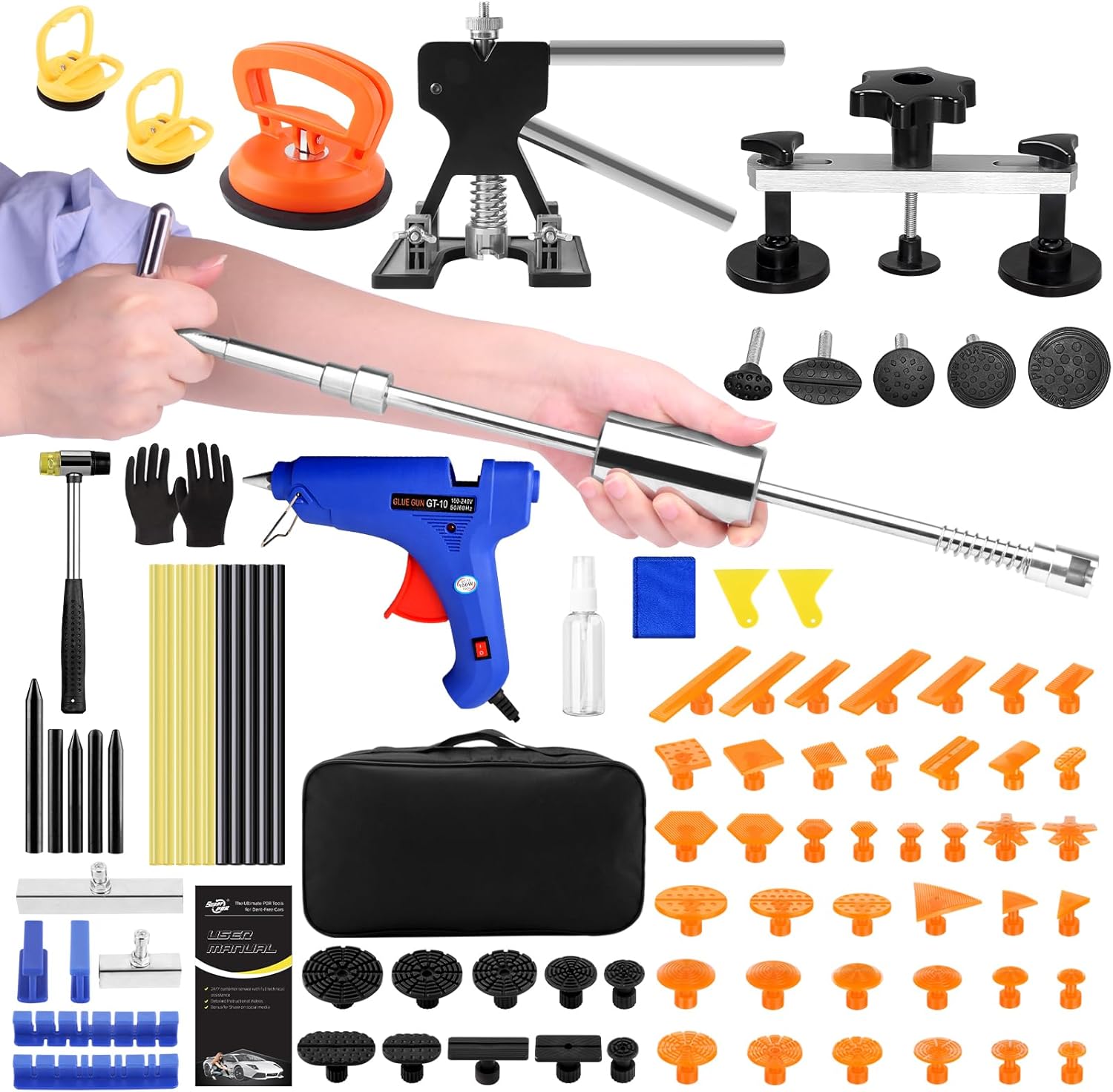 Car Dent Puller Kit, Dent Remover for Car Dent Repair with High Adhesion Pull Tabs, Glue Gun & Sticks, Suction Cup, Slide Hammer T-Bar, PDR Tools for Paintless Dent Removal at Home and Garage