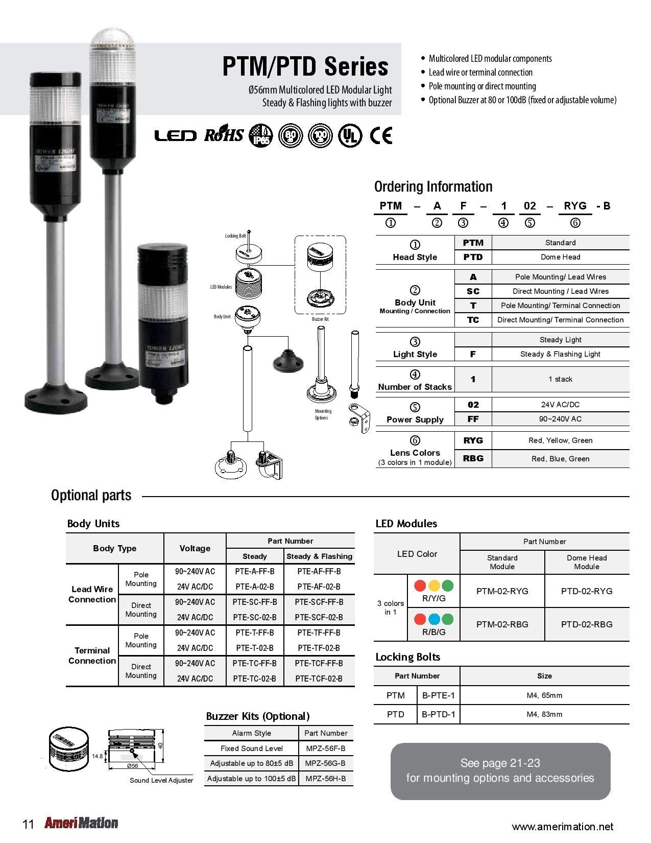 PTM-TCF-1FF-RYG-B, LED Stack Tower Light, 56mm Lens, 3 Colors(R/Y/G) in one Module, Steady/Flash, Direct mounting Black Body, Terminal Connector, 90-240V AC