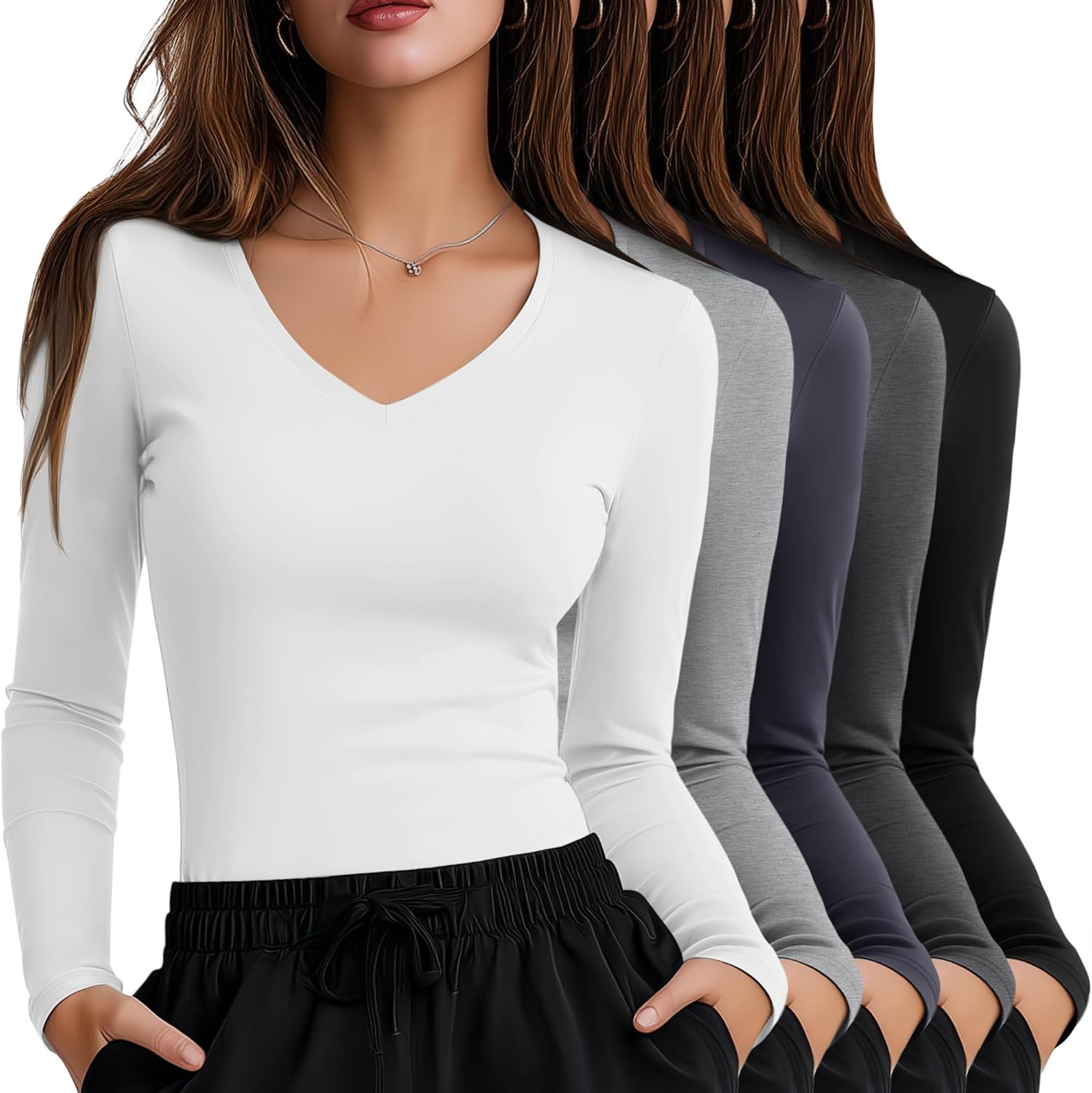 Oakgarden 5 Pack Women's Long Sleeve Under Scrubs V Neck Fitted Undershirts Basic Layering Tops for Nurse