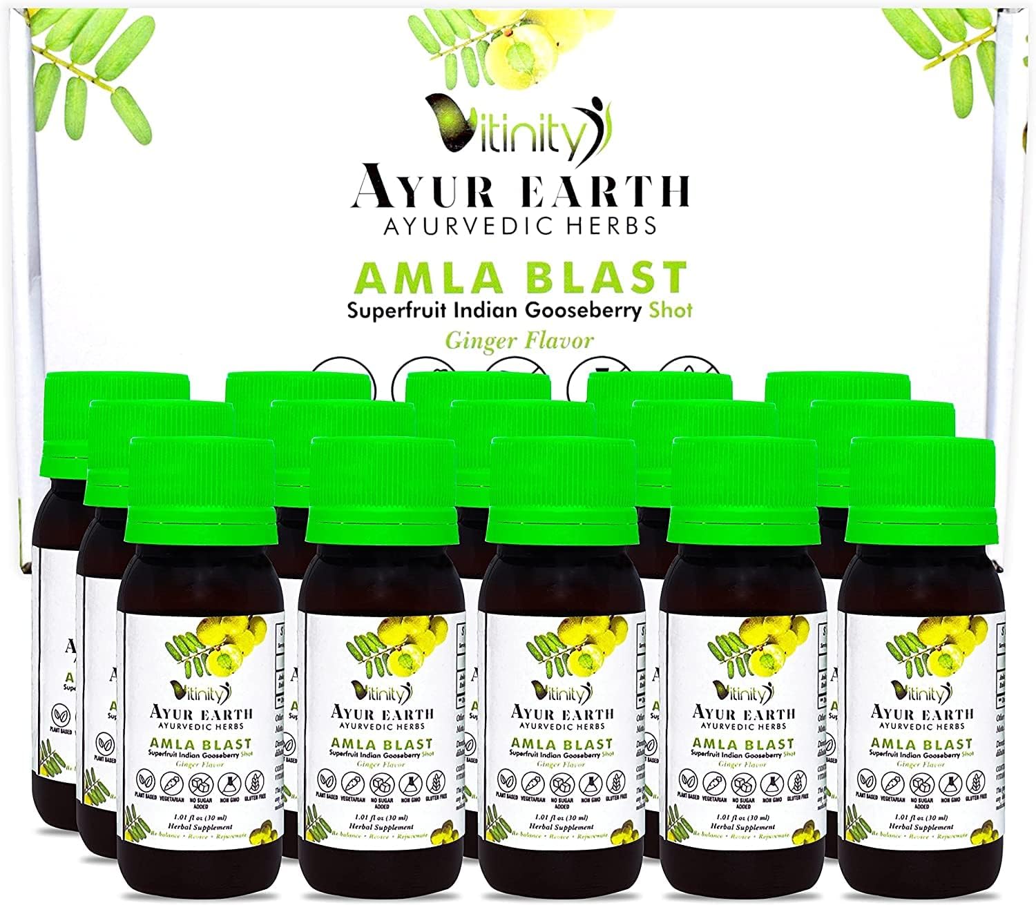Amla Amalaki Superfood Supreme Ginger Flavor Shots 30000 Mg Highest Potency Vitamin C -Ayurveda Formula-Liquids Work Faster-Hair,Skin,Nail Health-Boost (15 Pack)