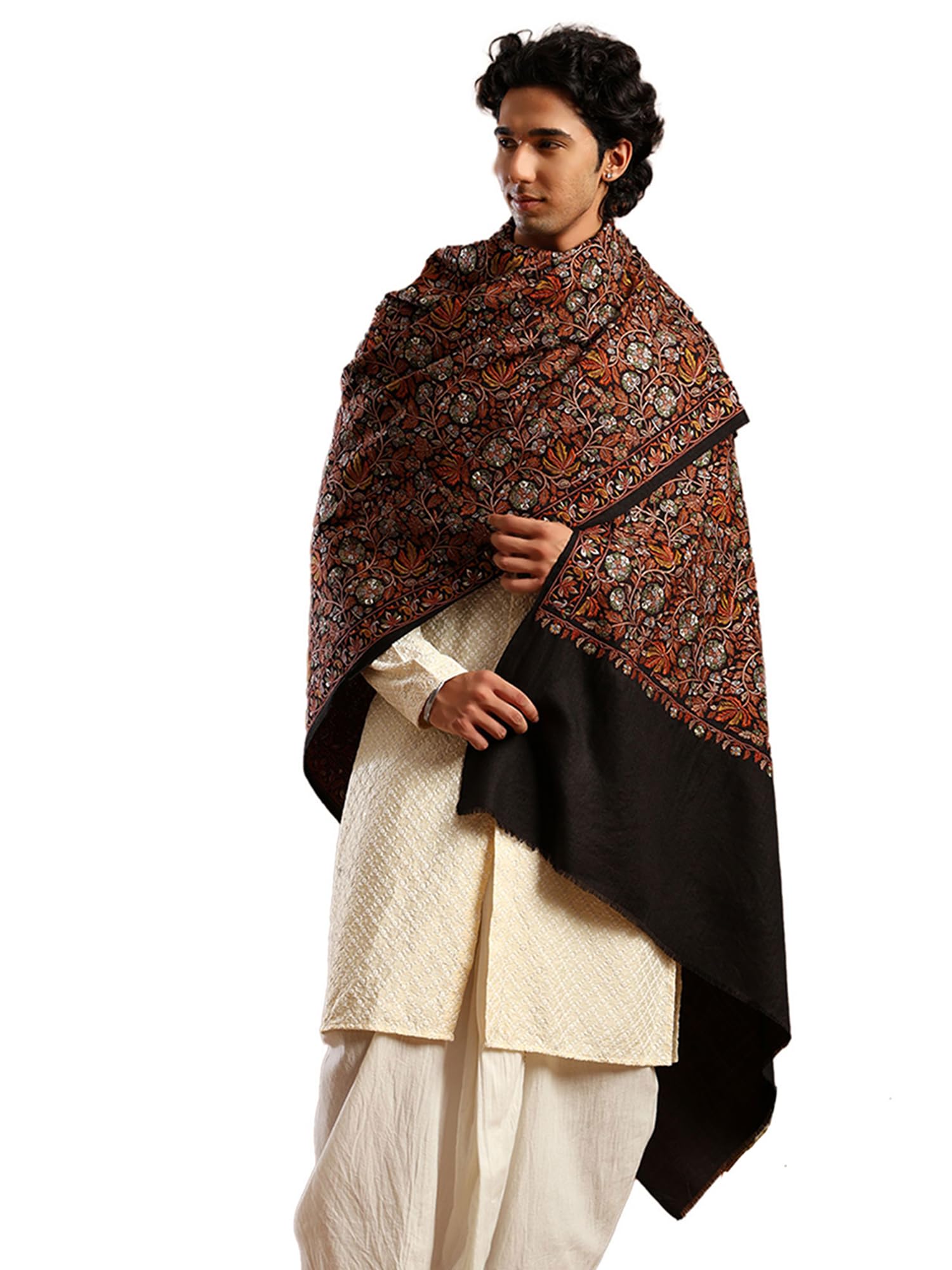 Men's Black Soft Fine Wool Kashmiri Embroidery Shawl | Pashmina Feel Pasiley Design Lohi/stole for Gents, Size – Size – 40 x 80 Inches-image-4
