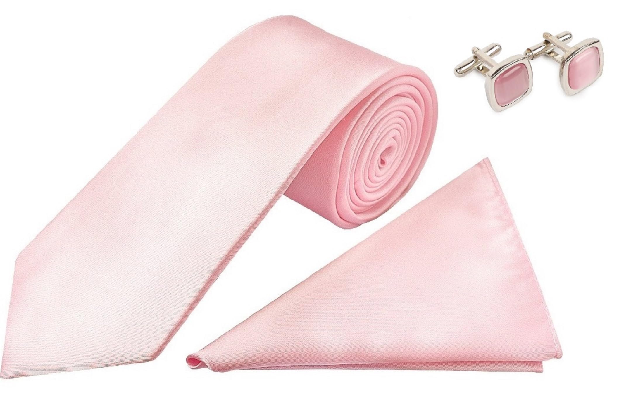 FashMade Pink Solid Italian Silk Tie, Pocket Square & Matching Cufflink Combo Gift Set | 2.75" Wide, 55" Long Tie | 10x10" Pocket Square | Brass Cufflinks | Premium Wooden Gift Box-image-4
