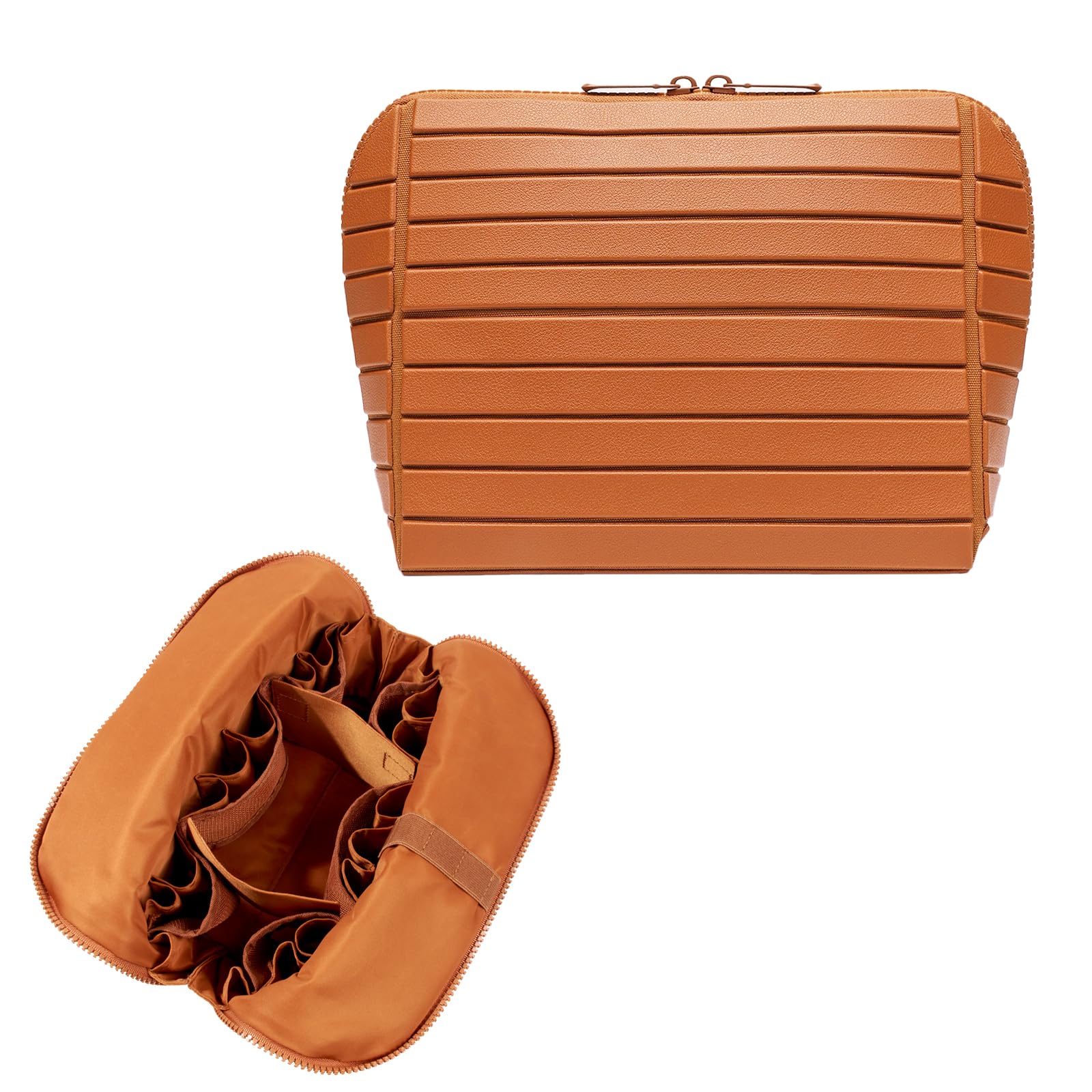 Travel Makeup Organizer Bag with Fold-Down Design and Adjustable Dividers, 27 Pockets & 3 Brush Storage Holders, Large Capacity Cosmetic Bags, Multi-Compartment Padded Toiletry Case for Women