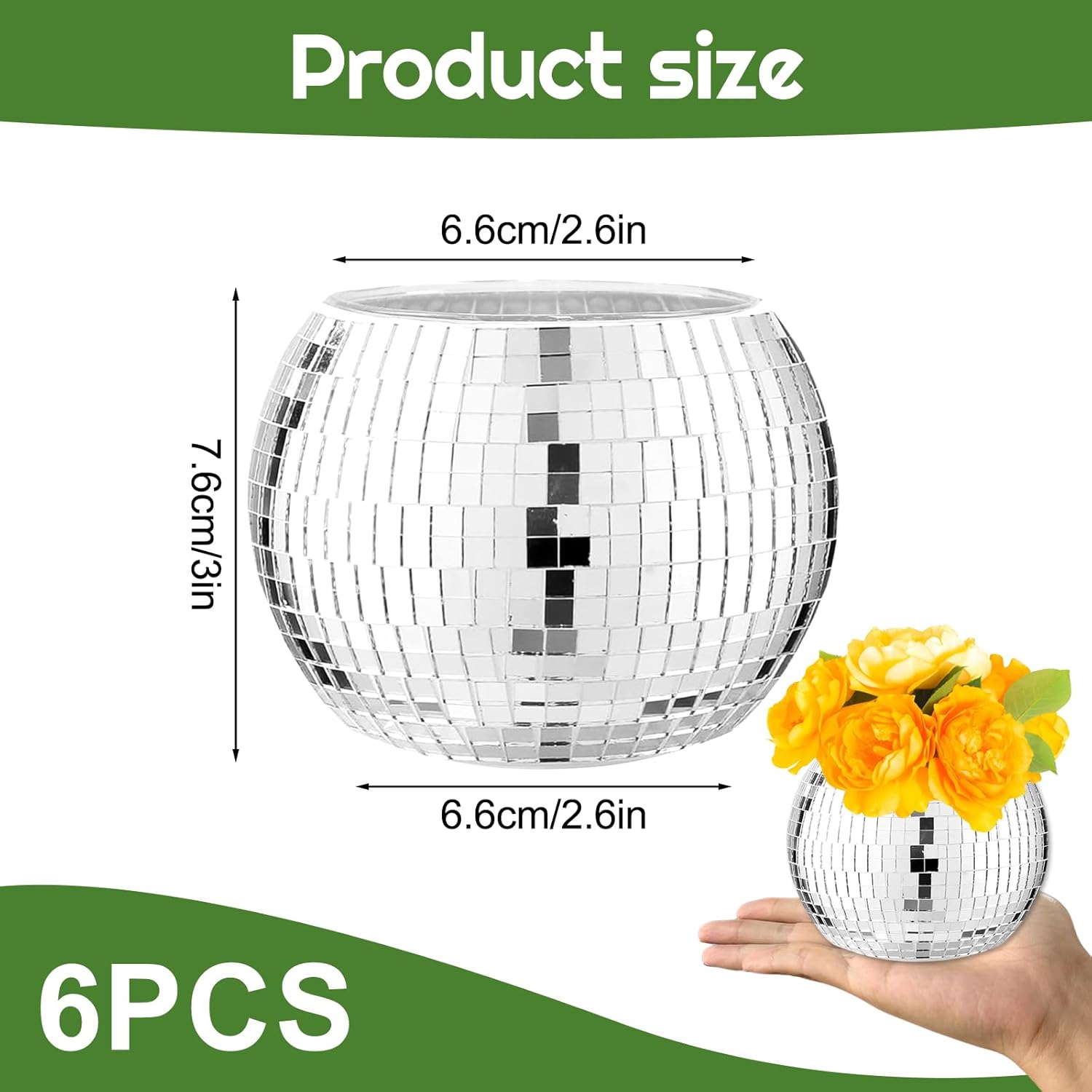 6 Pcs Silver Mirror Disco Vase - 3" X 4" Disco Ball Vase for Centerpieces, Glass Planter Candle Holder for Wedding, Birthday, Party, Office, Bedroom