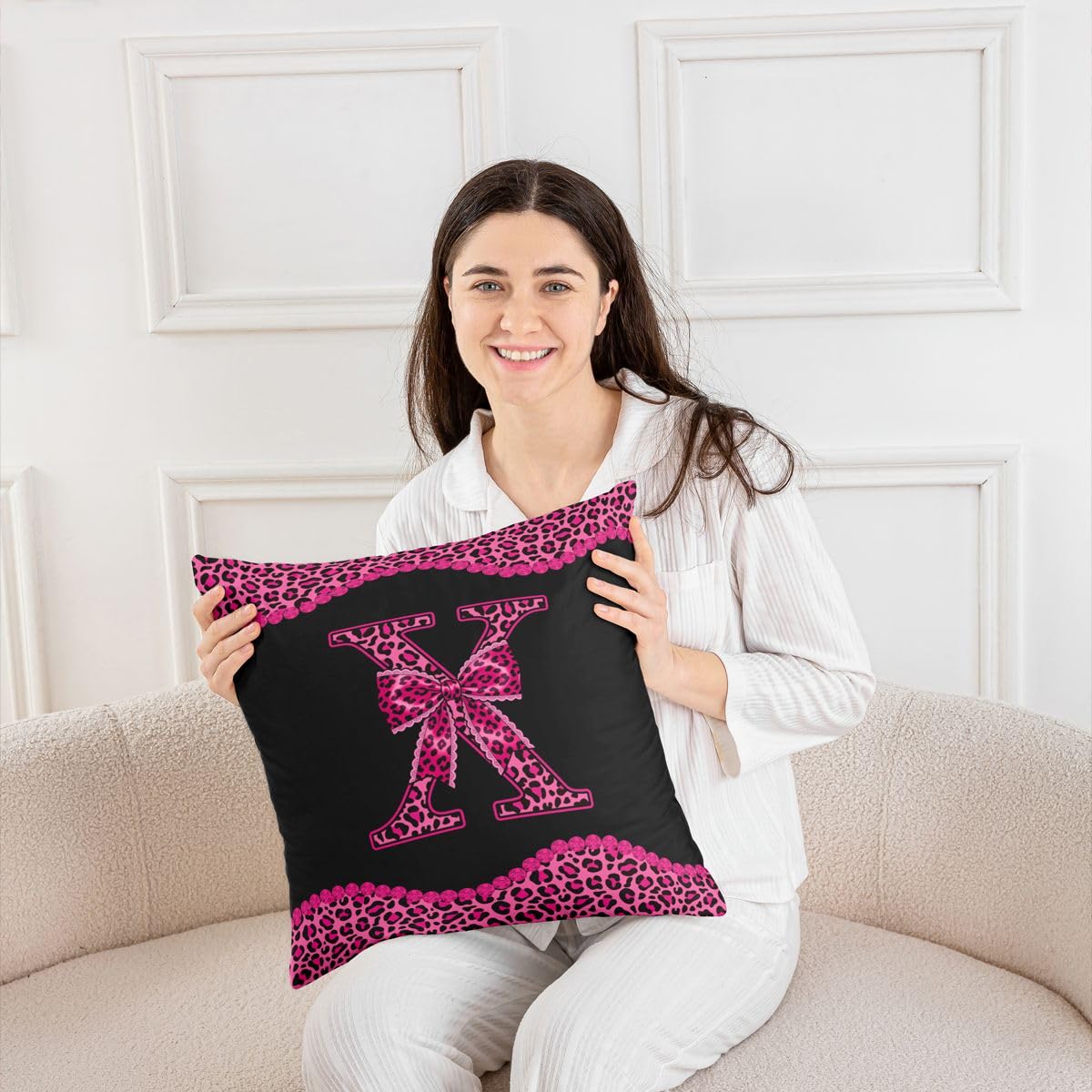 Loussiesd Juego de 4 fundas de cojín cuadradas con diseño de lazo de guepardo de 50 x 50 cm, fundas de cojín cuadradas con inicial en X, funda de cojín para sofá, decoración de dormitorio