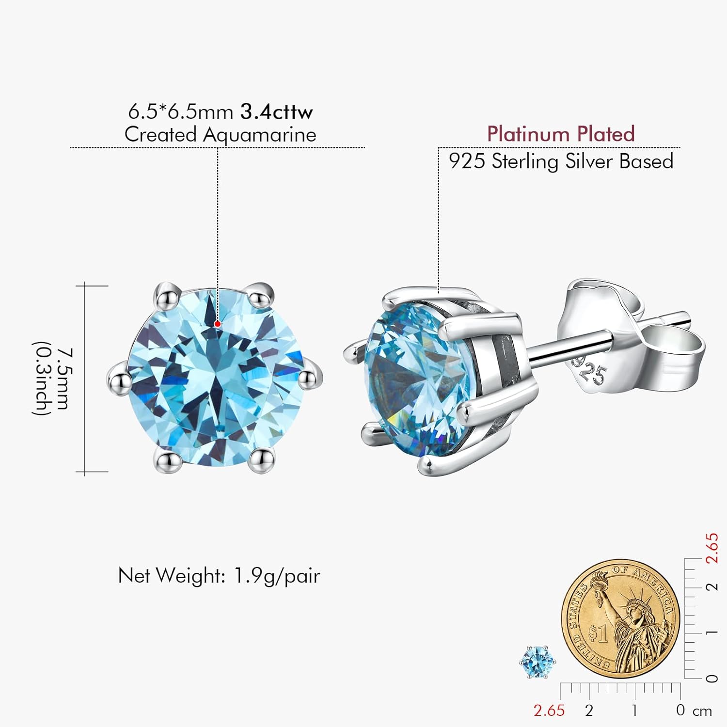 DAYBYDAY 925 Sterling Silver Birthstone Earrings for Women, Crystal Stud Earrings, 6.5mm Round Cut Solitaire Gemstone Earrings Birthday Jewelry - Image 6