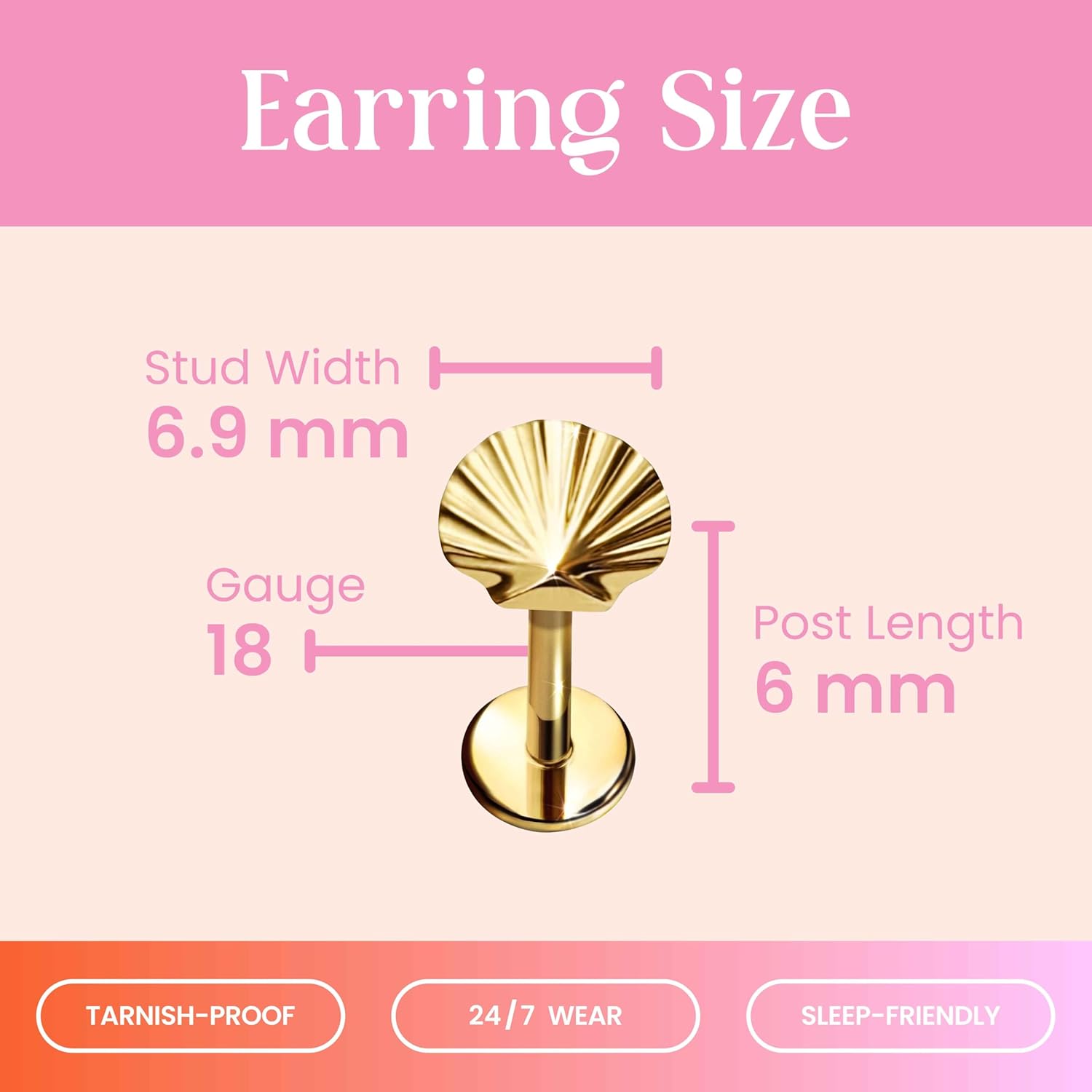 Cords Club Shell Flat Back Stud – ASTM-F136 Implant Grade Titanium - Push Pin Design for Sensitive Ears – Available in 18K Gold Plated & Titanium Silver (Single Earring) - Image 2