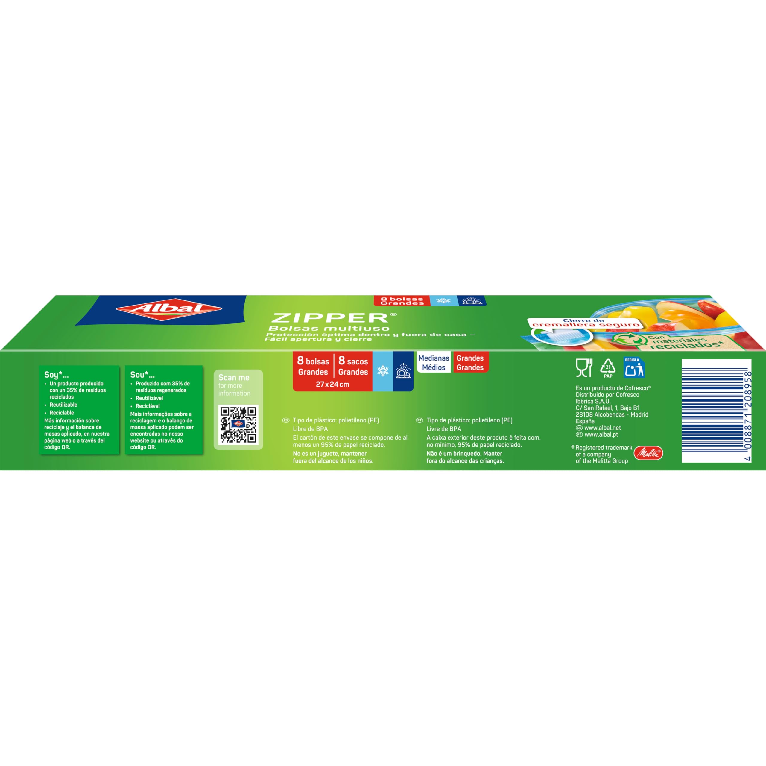 Albal Bolsas Multiuso 3 Litros, Fabricadas con 35% de Materiales Reciclados, Muy Resistentes, Reutilizables, Reciclables, Cierre Cremallera Hermético, Fondo Plano, 8 Bolsas