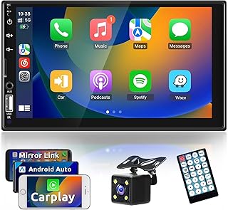 7 Inch Double Din Car Stereo Apple CarPlay & Android Auto 1024 * 600 HD Touchscreen Car Radio Receiver with Mirror Link, Bluetooth, Backup Camera, Remote, AM/FM, USB AUX RCA
