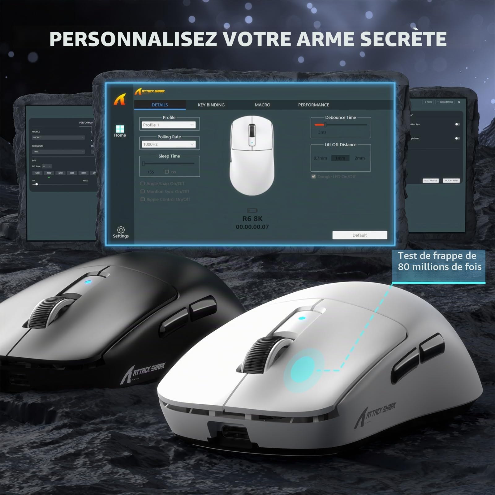 ATTACK SHARK R6Souris de Jeu sans Fil 8 kHz, Ultra légère 42 g, Nordic 52840 MCU, capteur de Jeu PixArt PAW3950MAX, BT/2,4 G/Filaire, 6 DPI réglables jusqu'à 42 000, Batterie 250 mAh, PC/Mac (Blanc)