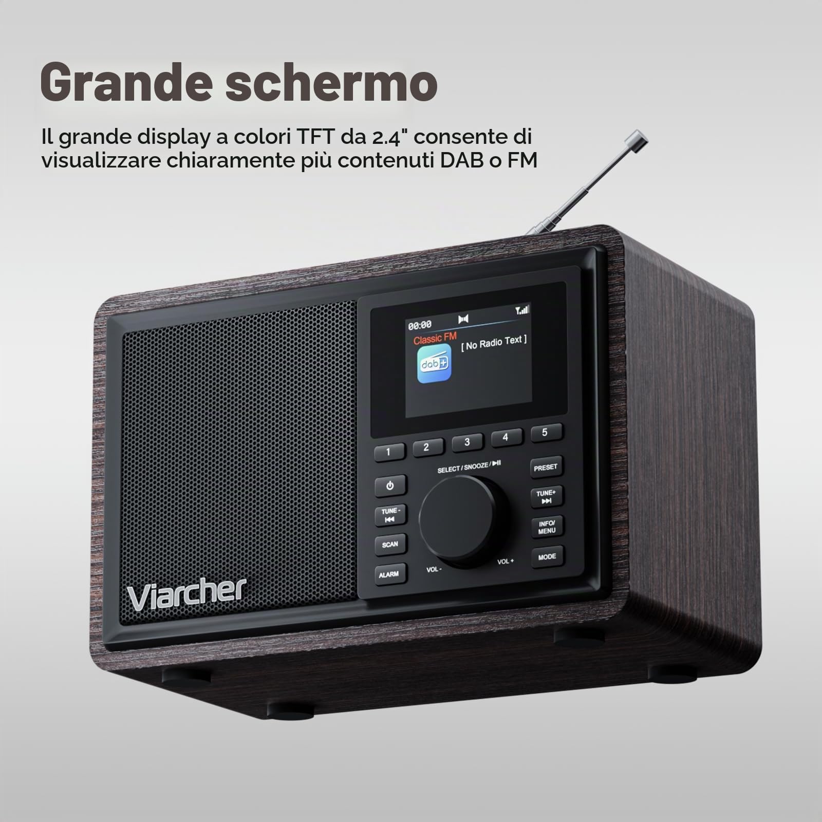 DAB/DAB+ e Radio FM Digitale con Bluetooth, doppia sveglia, timer di spegnimento, 60 preset, AUX IN, jack cuffie, display a colori 2.4'', radio da cucina per casa, noce