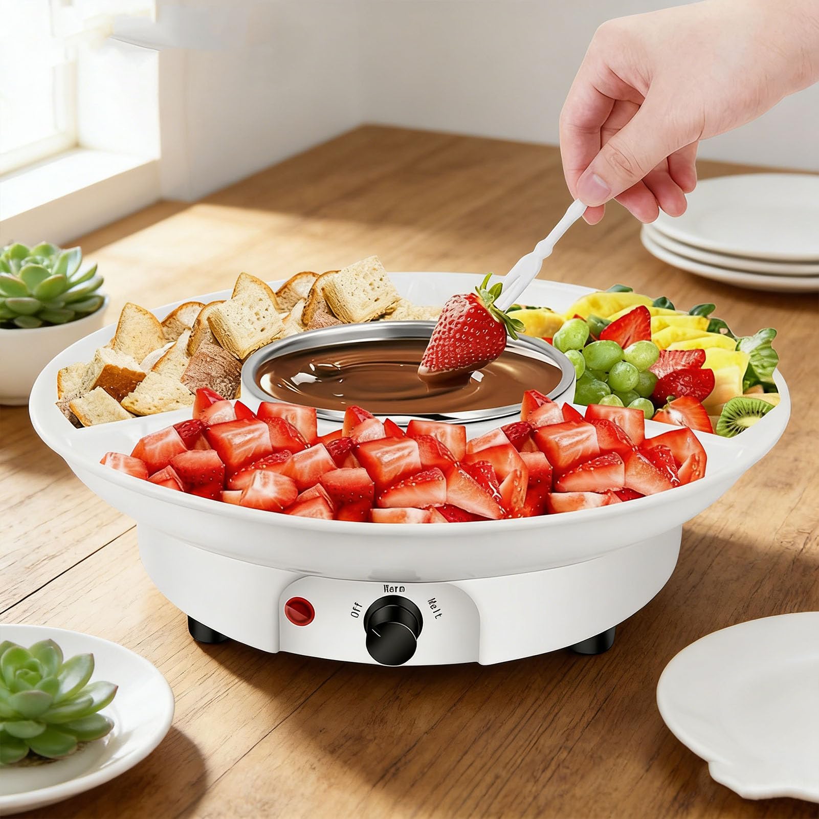 Elektrisches Schokoladenfondue Set 25W Schmelztopf mit 3-teiligem Serviertablett und 10 Spießen