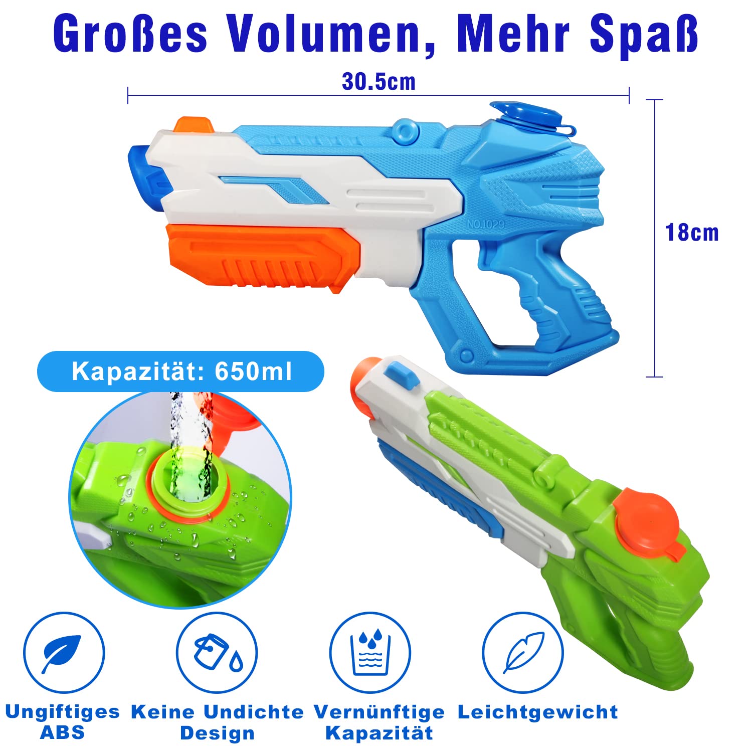 Delycazy Wasserpistole für Kinder, 2 Stücke Wasserpistole mit 10 Meter Großer Reichweite Super Wasser Soaker Spritzpistole 650ML Wasserspritzpistole Schwimmbad Strand Outdoor Spielzeug für Erwachsene