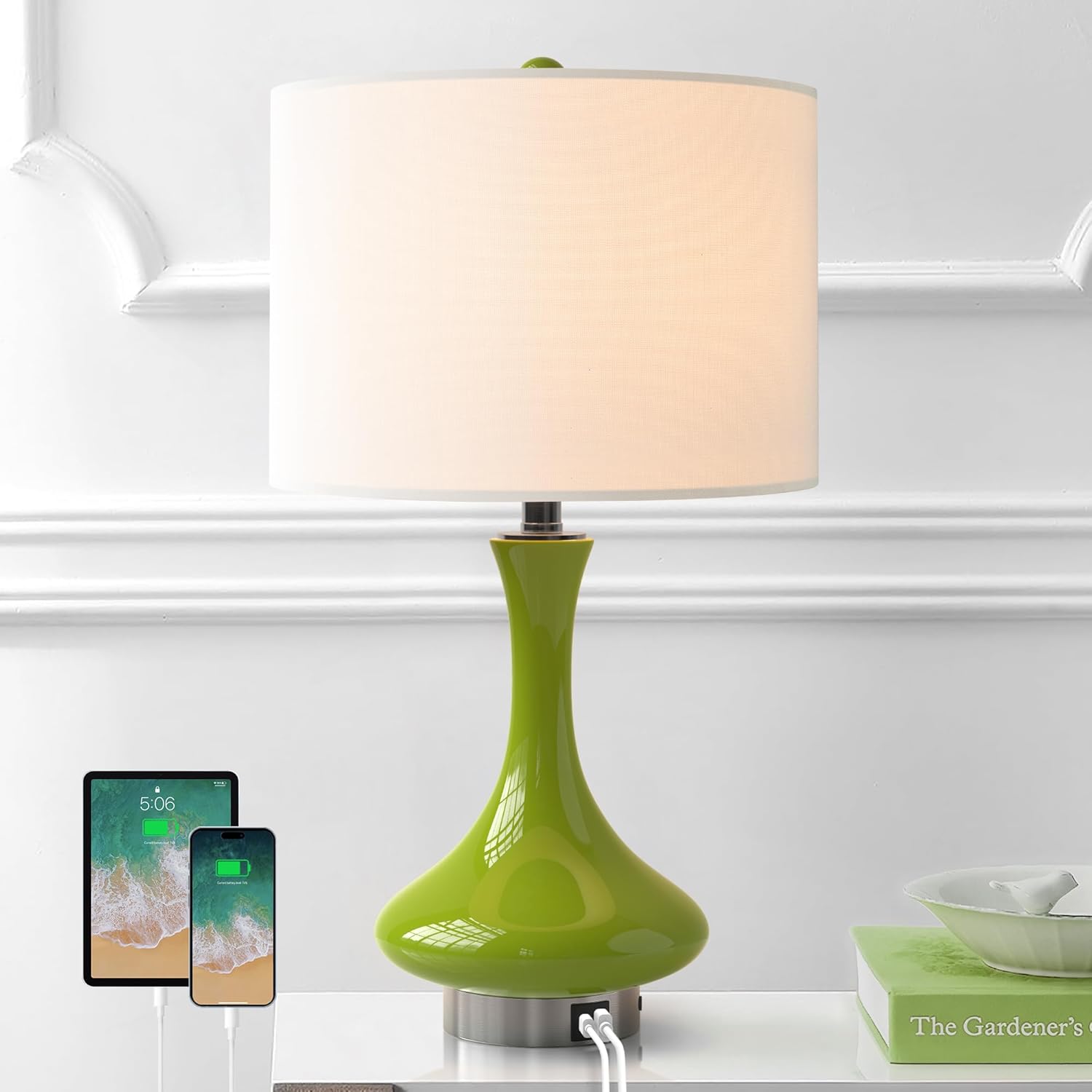 Maxax 24" Modern Orange Table Lamp for Living Room, Traditional Ceramic Bedside Lamp with USB C+A Ports, Classic Nightstand Lamp with White Shade for Bedroom, Office