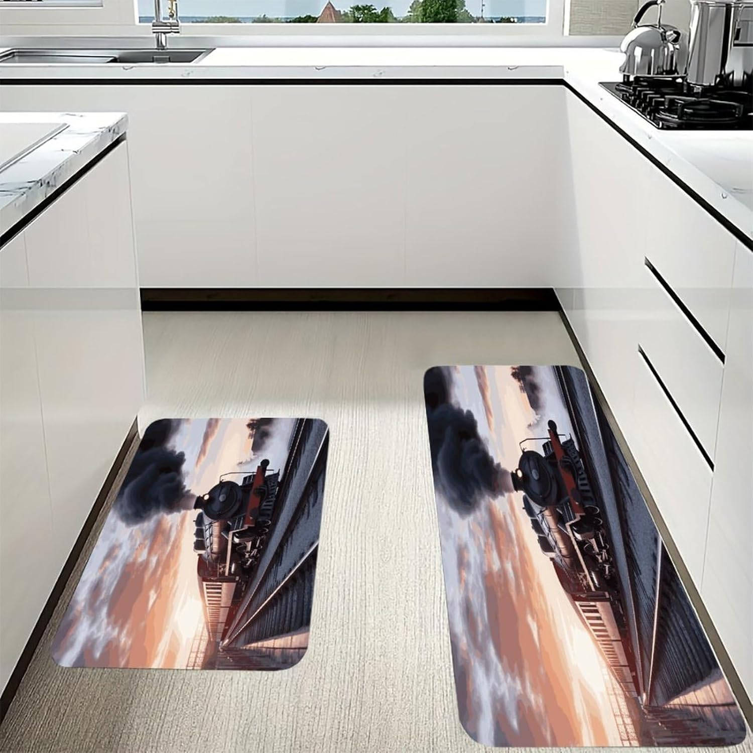 Steam Train Depart Sunset Kitchen Mats for Floor 2PCS Waterproof Non-Slip Kitchen Rugs Cushioned Anti-Fatigue Mat Heavy Duty Floor Mats Comfort Standing Mat for Kitchen Home Office Laundry