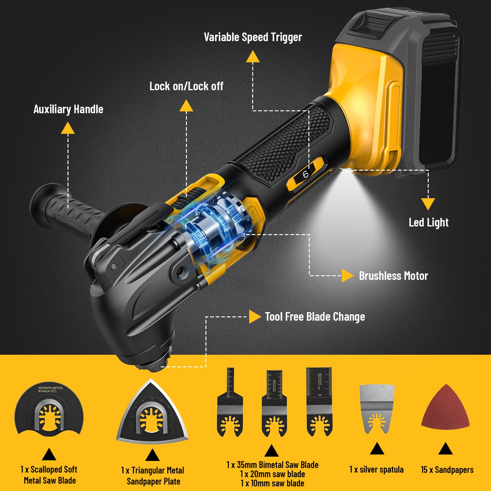 Multiherramienta oscilante para batería Dewalt de 20 V máx.: herramienta oscilante inalámbrica - 6 velocidades variables 21000 OPM | Motor sin escobillas | Cuchillas de corte de madera y almohadilla