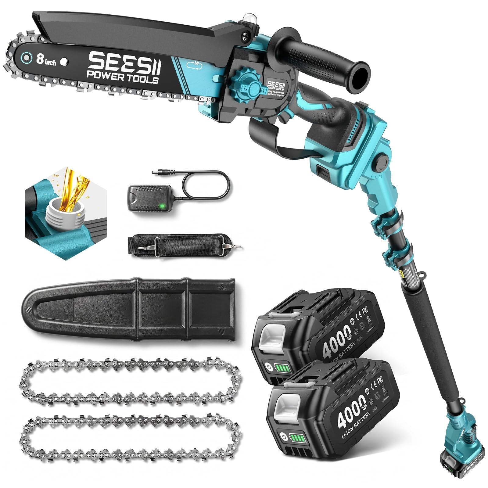 SEESII 2-in-1 Cordless Pole Saw & Mini Chainsaw, 8-inch Electric Saw Brushless with 2 * 4.0Ah Battery, 10-Foot MAX, Chain Saw with Extension Pole for Wood Cutting Trimming Branch — image 1