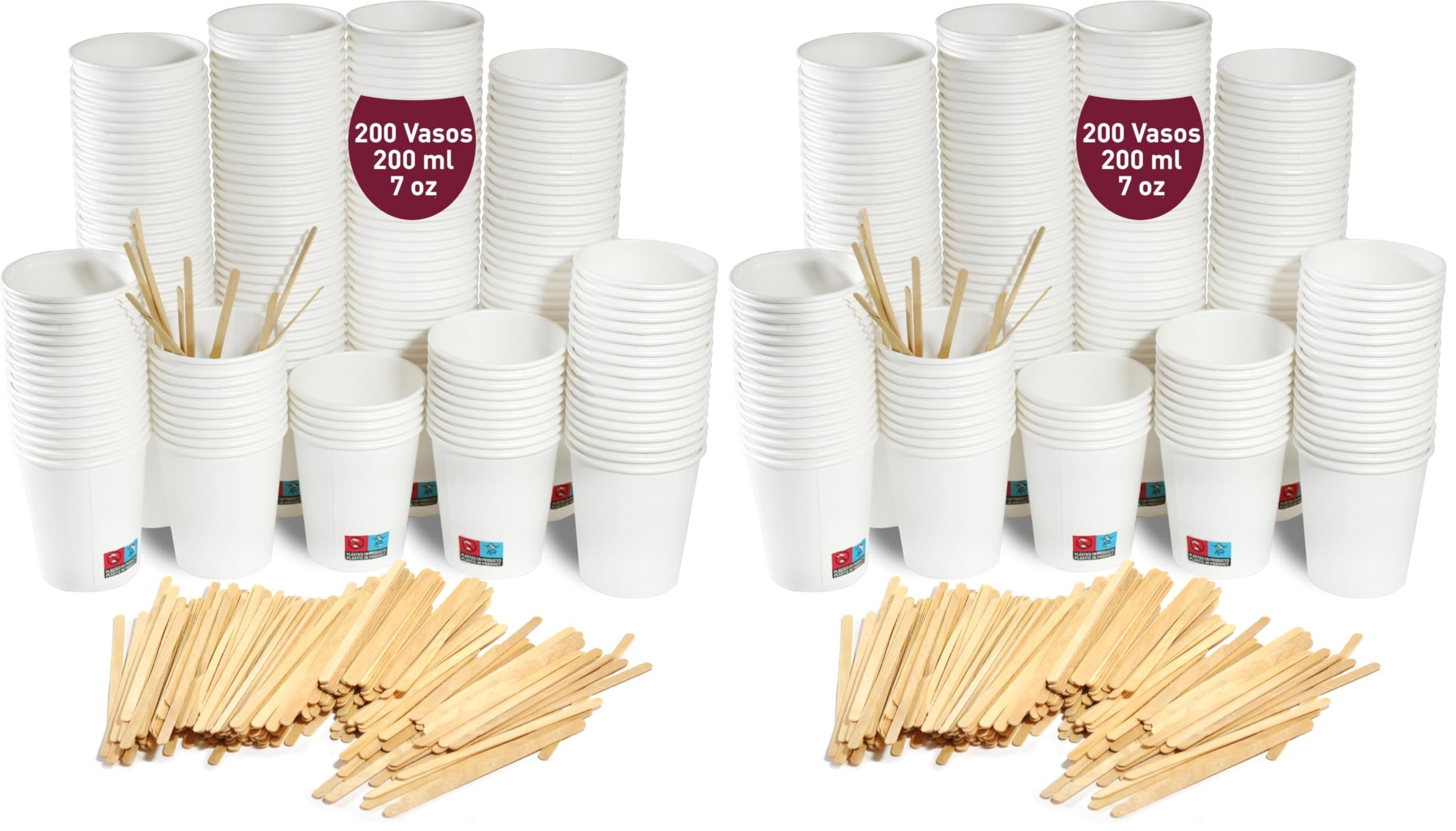 gobecups 200 Vasos de Cafe Desechables 200 ml / 7 oz de Papel Cartón Blanco con Paletinas de Madera, Vasos de cartón Ideales para Bebidas Calientes y Frías (Paquete de 2)