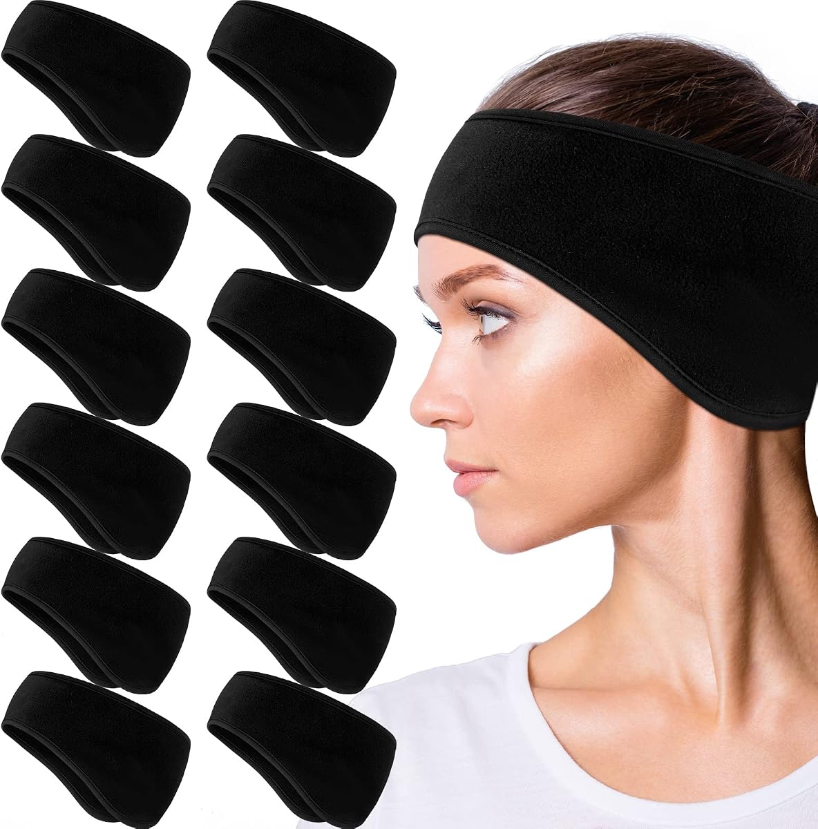 Geyoga 12 Pcs Winter Ear Warmer Headband, Fleece Covers,Black