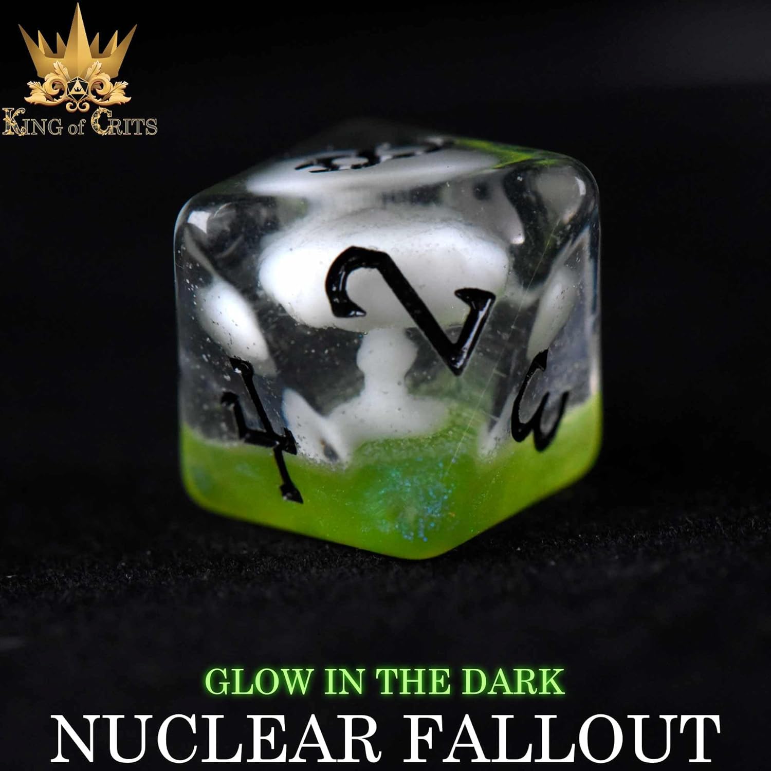Nuclear Fallout 11 Dice Set | Glow in The Dark Radiation Wasteland Themed Polyhedral Dice Set | 3D Printed Mushroom Clouds and Geiger Counters DND MTG Tabletop Board Game Dice | King of Crits Brand