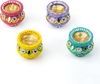 Diwali Handmade Pot-Shaped Wax Diya Set (4 pcs) – Multicolor Decorative Clay Diyas with Stones | Festive Diwali Candle Lamps for Home Décor & Gifting