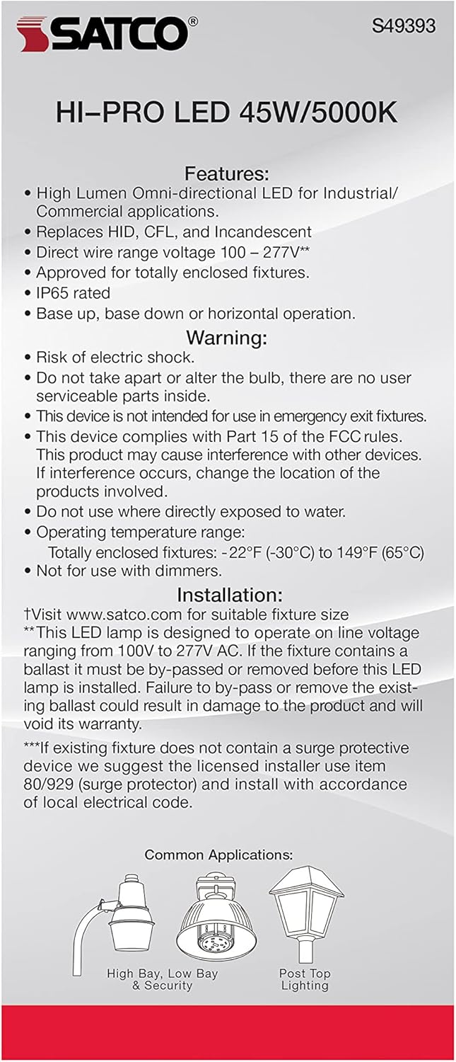 Satco S49393 LED Corncob Light Bulb, Mogul Extended Base, 45W, 35000 Hour Rating, 6210L, Natural Light