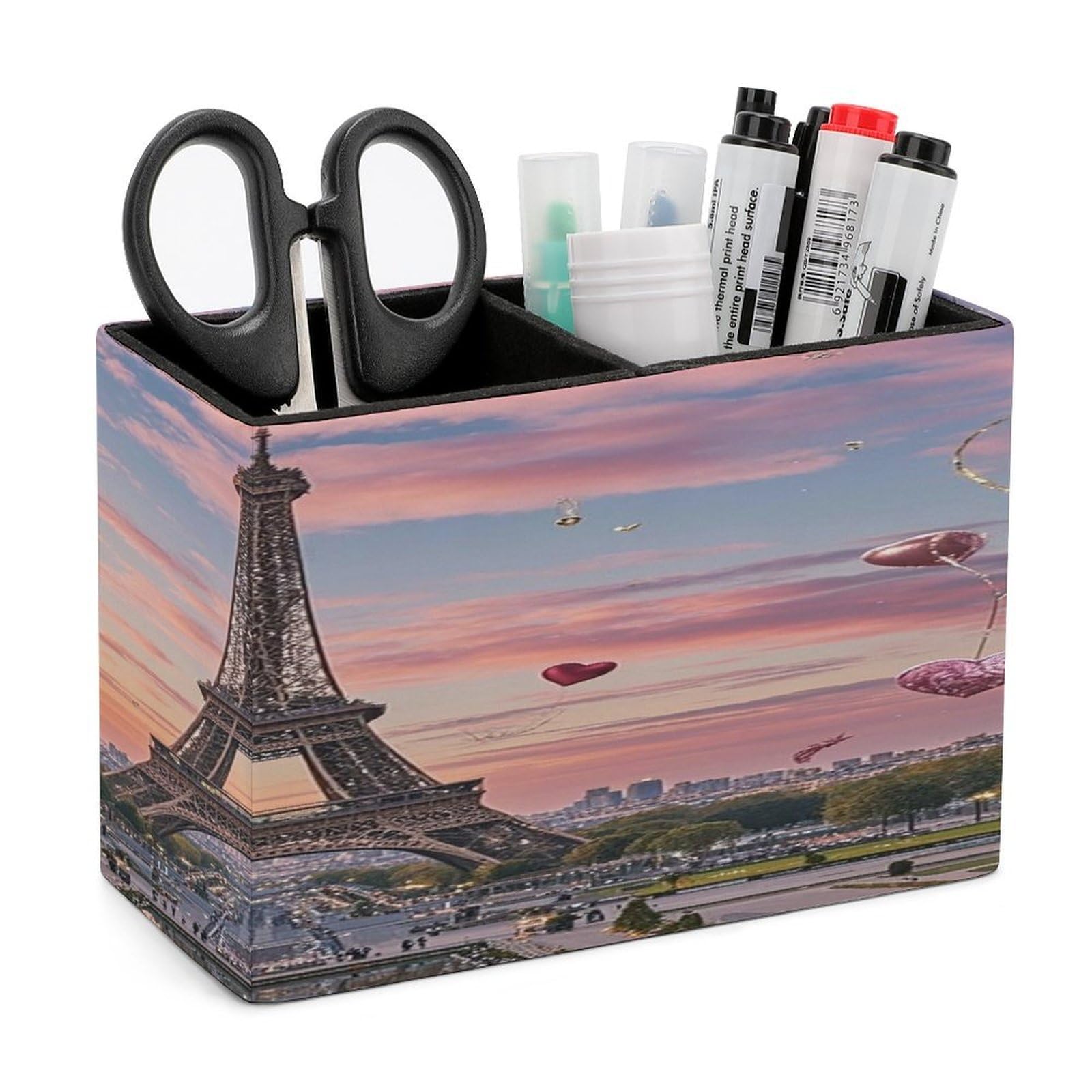 VstaDank Romantic Paris Eiffel Tower Pencil Holder for Desk(Double Slots) Fashion Leather Pencil Cup Simple Rectangular Shape Pen Holder Multi-Functional Pen Cup for Home Office Supplies Storage