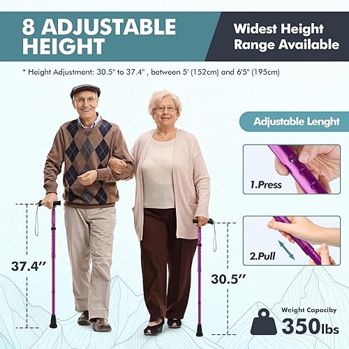 Miniatura 5 de GPTCAMP Bastón de caminar para hombres y mujeres, bastones ajustables con mango en T, diseño plegable y plegable, punta de pivote antideslizante,